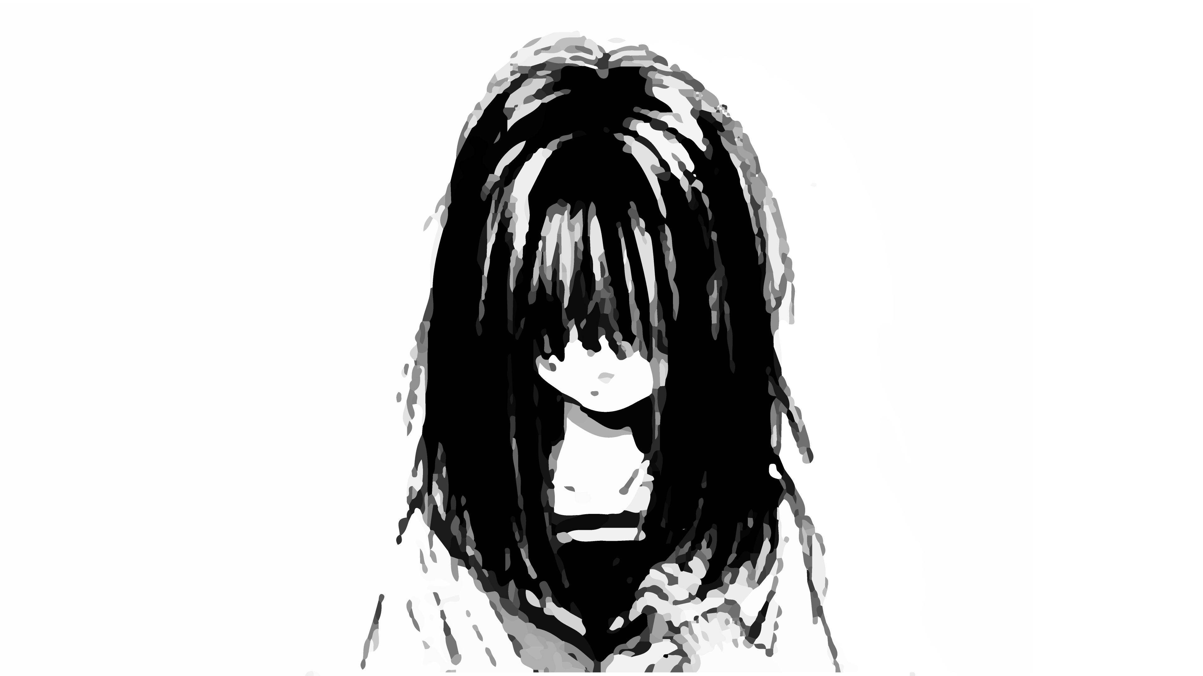 憂鬱少女美學 桌布 壁紙 — 一個黑白色的素描，描繪一個長髮遮臉的女孩，背景是純白色。