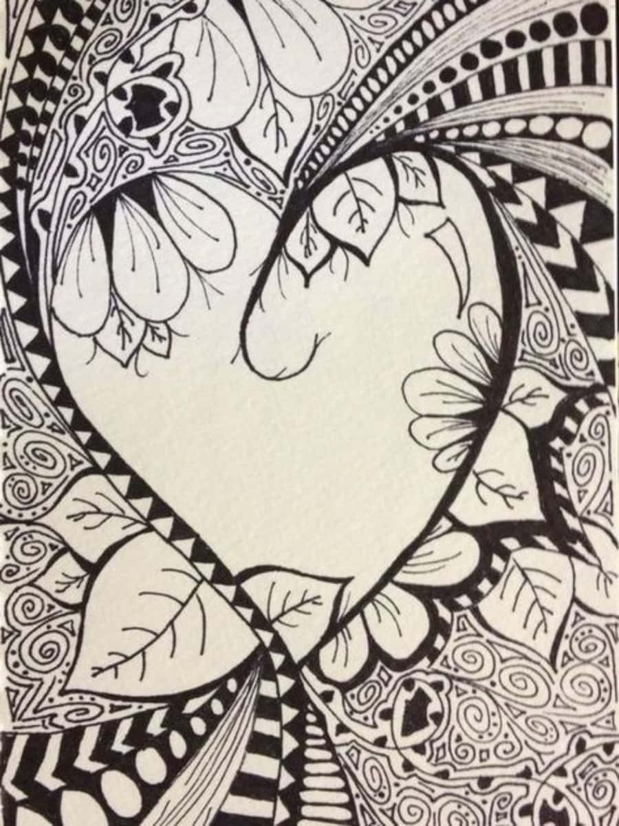 Heart Doodle 桌布 壁紙 — 一個黑白複雜線條繪製的心形，周圍環繞著花卉和幾何圖案。