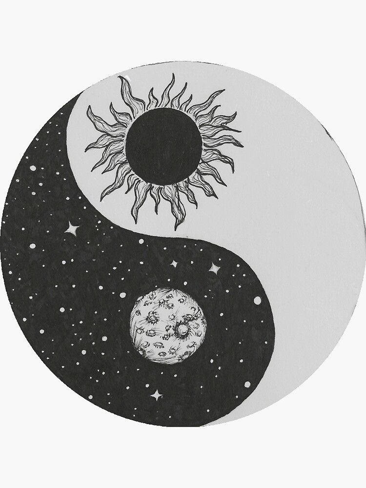 太陽與月亮 桌布 壁紙 — 一個黑白陰陽符號，白色一半有太陽，黑色一半有月亮，周圍有星星。