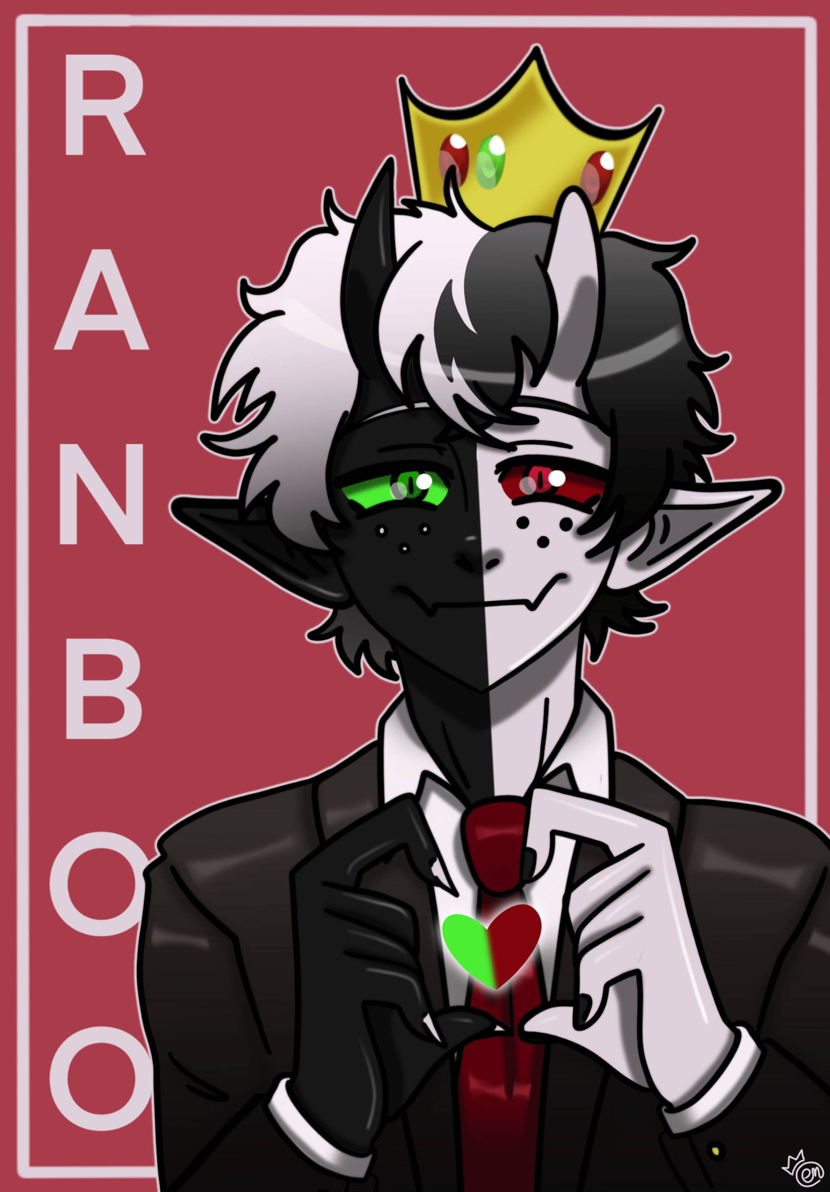 Ranboo 桌布 壁紙 — 一個黑白頭髮、綠紅眼睛、戴著皇冠的分面動漫角色，在紅色背景前拿著心形領帶。