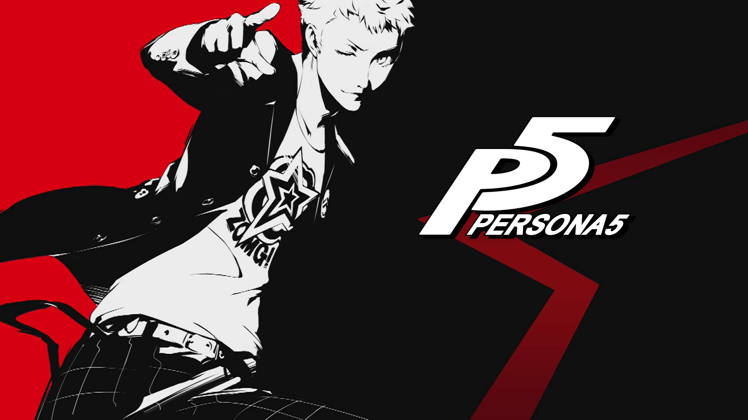 女神異聞錄5 桌布 壁紙 — 一個黑白風格化的動漫角色在帶有 Persona 5 標誌的醒目紅黑背景前指向前方。