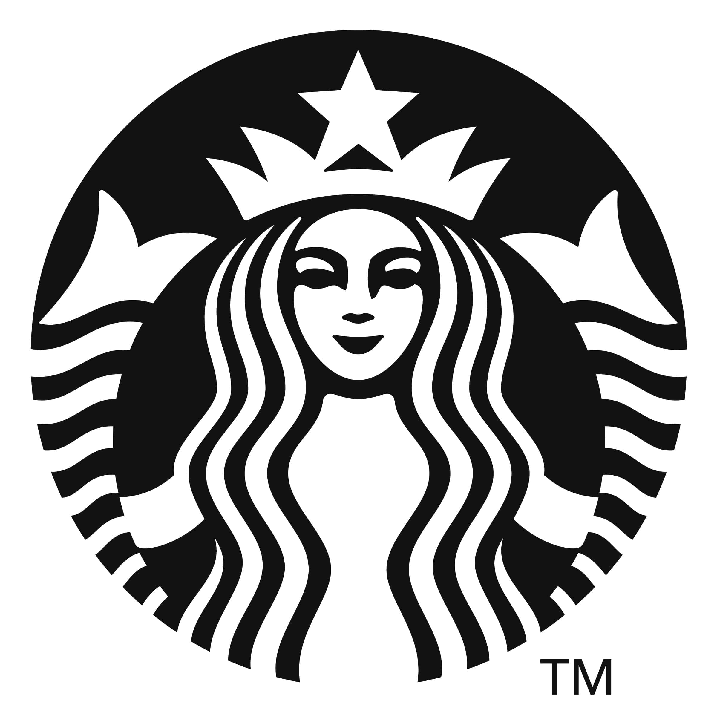 Black And White Logo 桌布 壁紙 — 一個黑白風格化的美人魚標誌，有飄逸的頭髮和皇冠在圓圈內。