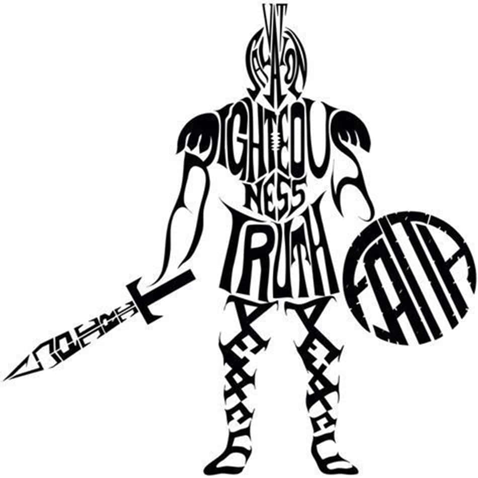 Armor Of God 桌布 壁紙 — 一個黑白風格化的騎士剪影，由正義、真理和信仰等粗體文字組成，手持劍和盾牌。