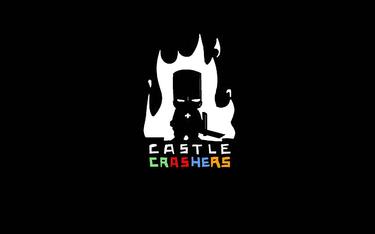 Castle Crashers 桌布 壁紙 — 一個黑白風格化的騎士站在城堡剪影前，下方有色彩繽紛的「Castle Crashers」文字。