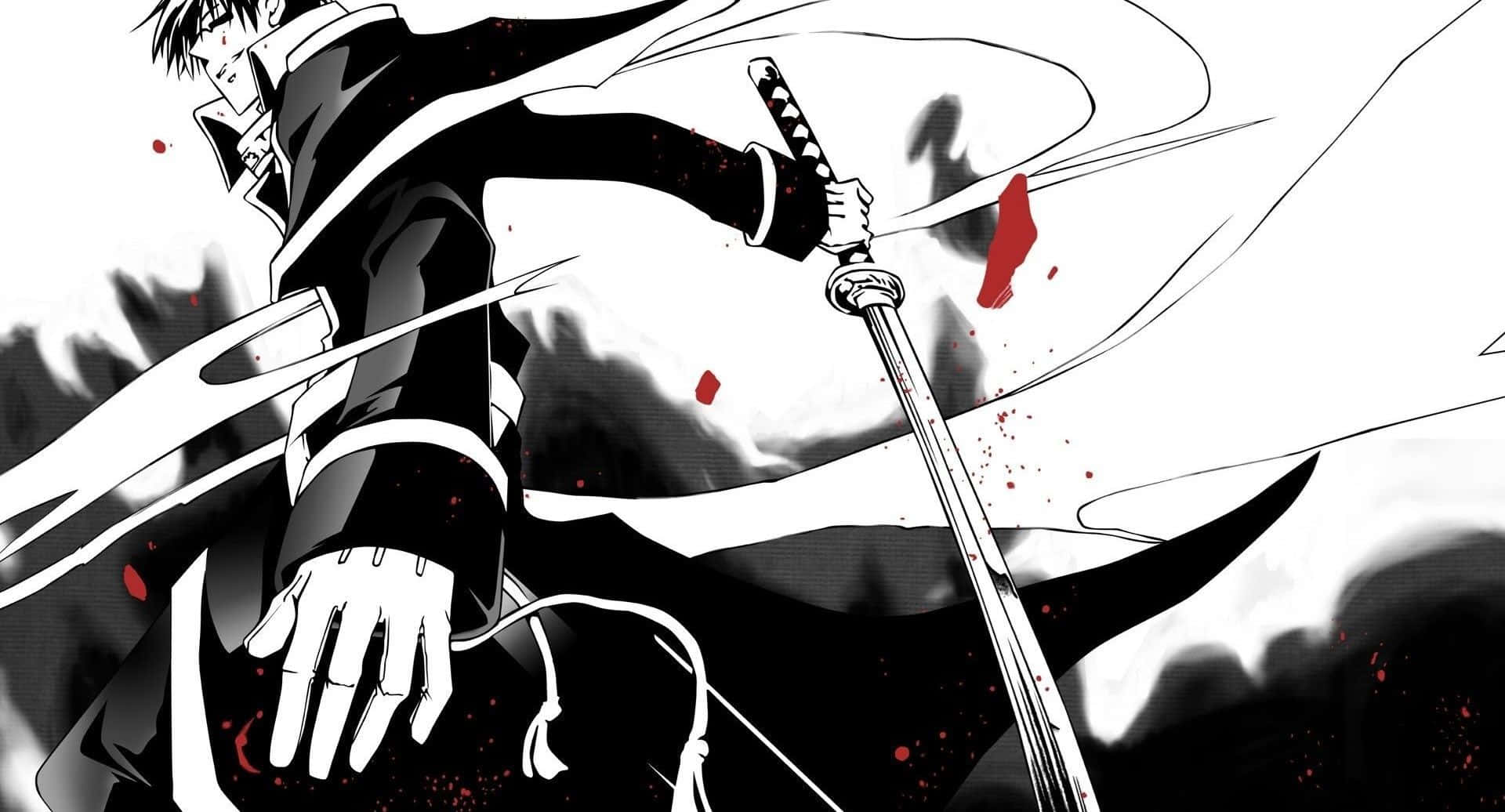 Black And White Samurai 桌布 壁紙 — 一個黑白風格的動態動漫戰士揮劍斬擊，紅色血跡在煙霧背景中飛濺。