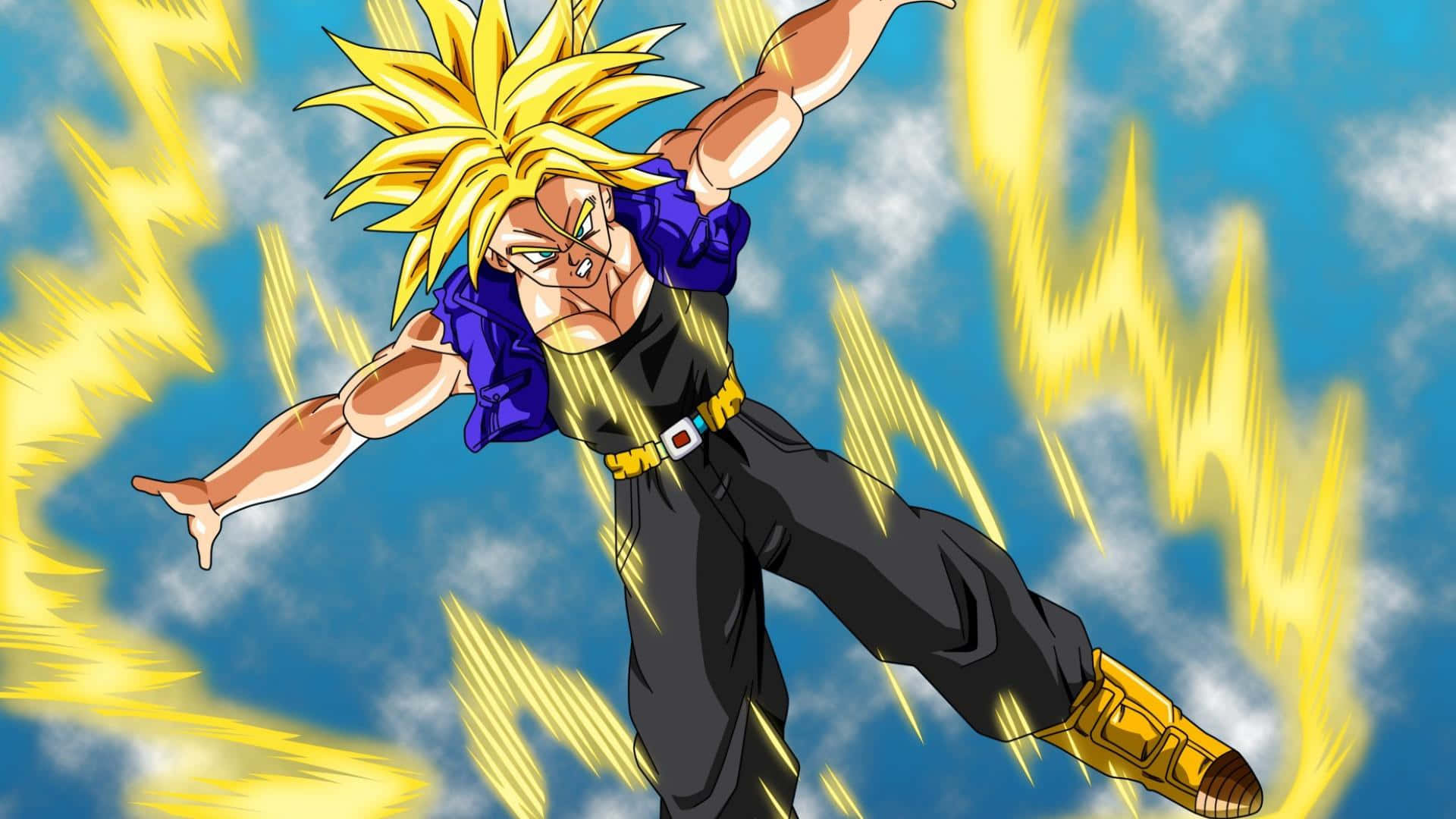 Dragon Ball Z Trunks 桌布 壁紙 — 一個黑紫色刺蝟頭的動漫戰士，在藍天中跳躍，周圍有黃色能量條紋。