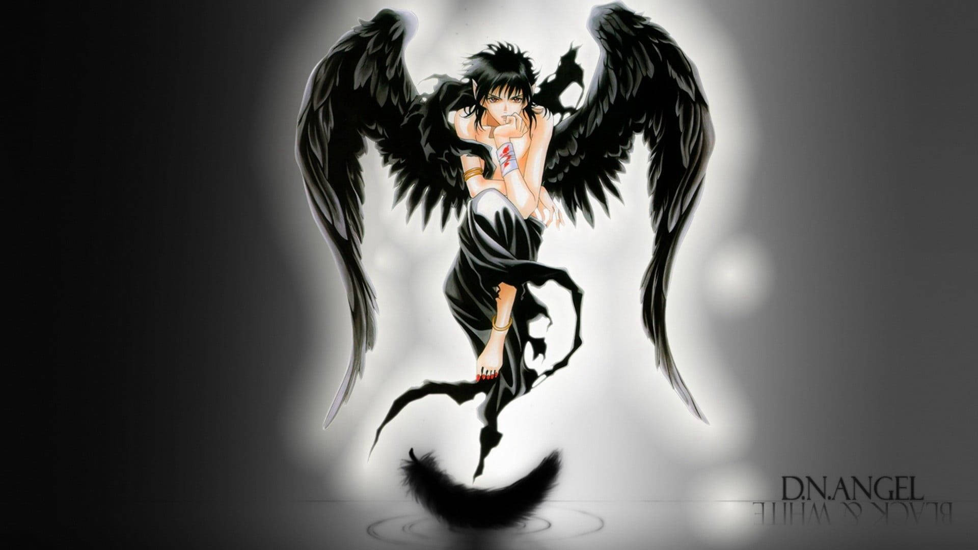 angels 桌布 壁紙 — 一個黑翼動漫天使，有著尖刺頭髮和紅色指甲油，漂浮在發光的白色背景上。