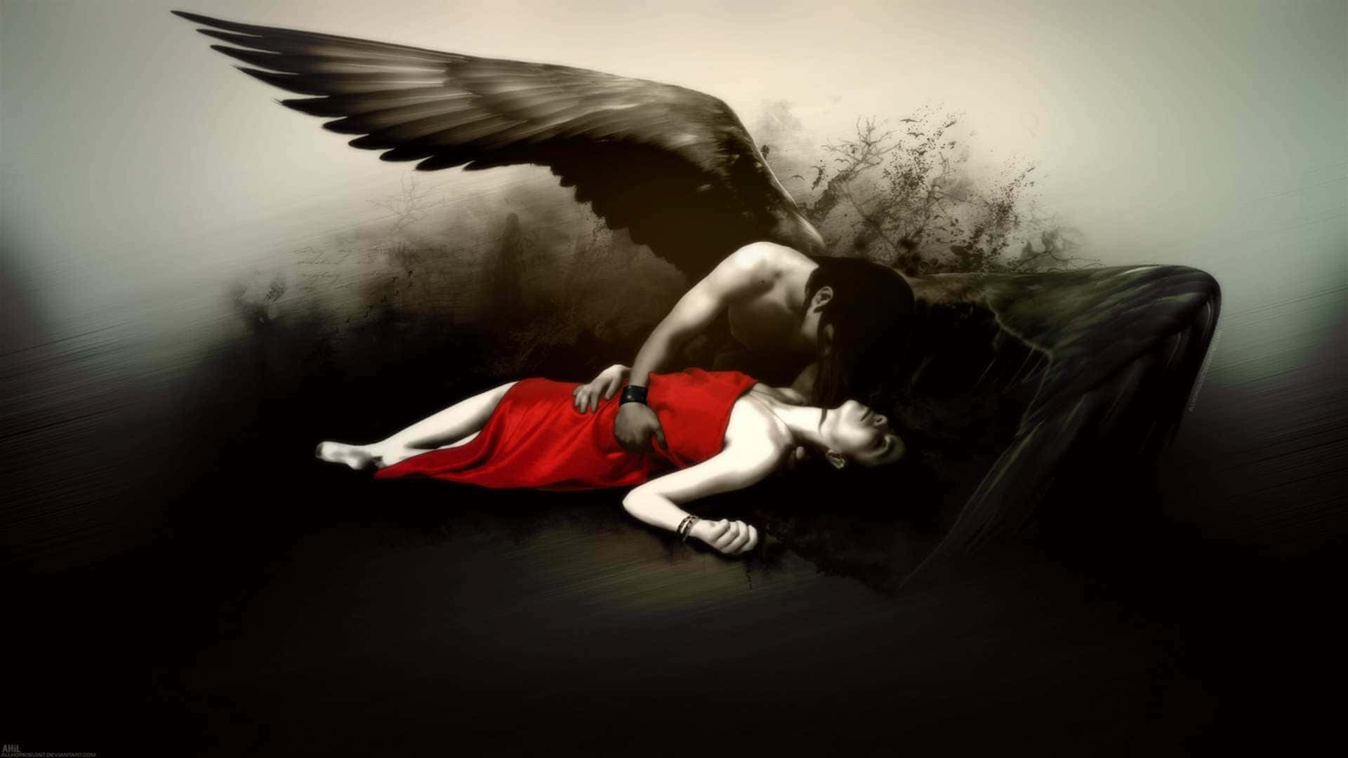 Dark Love 桌布 壁紙 — 一個黑翼天使俯身擁抱一個穿著紅色連衣裙的女人，氣氛陰暗而充滿陰影。