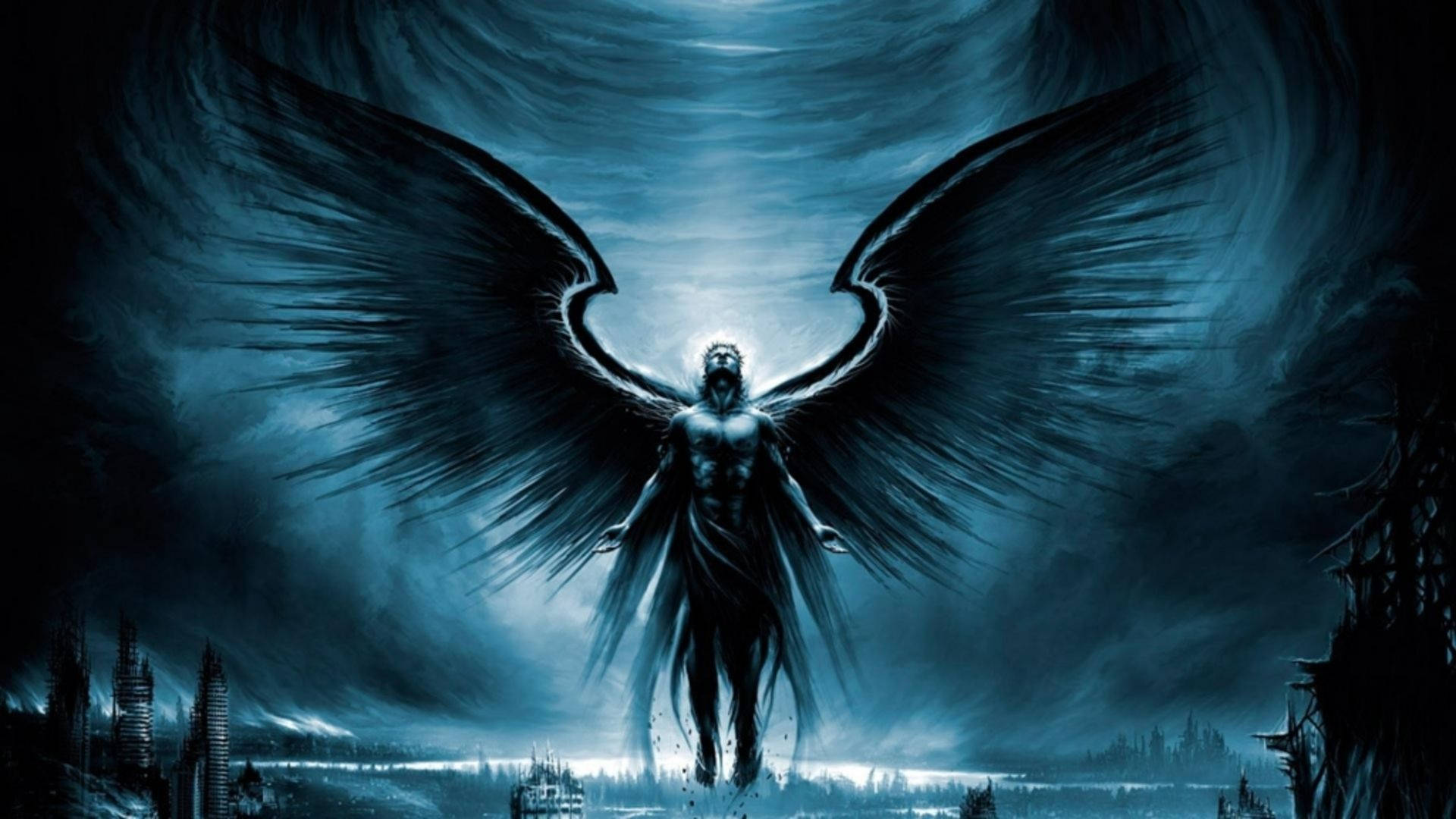 酷炫惡魔 桌布 壁紙 — 一個黑翼天使般的身影站在廢墟城市景觀之上，背景是風暴藍天。