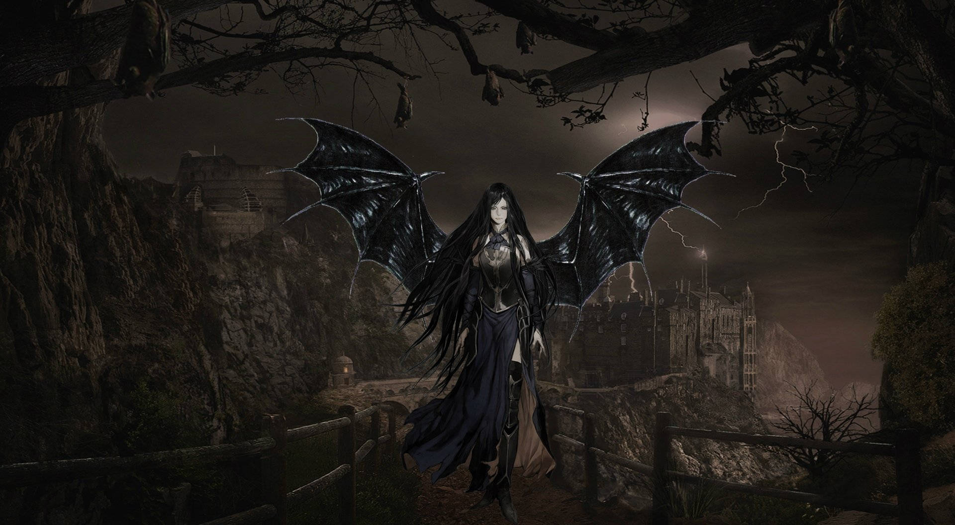 evil 桌布 壁紙 — 一個黑翼女性吸血鬼站在木橋上，暴風雨的夜空下，閃電照亮遠處的哥德式城堡。