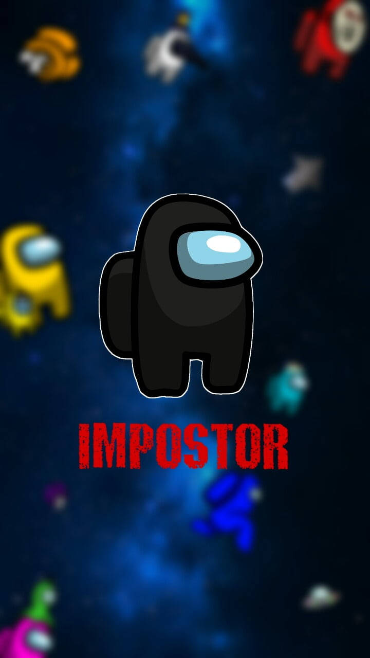 Among US Impostor 桌布 壁紙 — 一個黑色 Among Us 內鬼角色站在舞台中央，背景是星空宇宙，周圍有模糊的彩色船員漂浮。