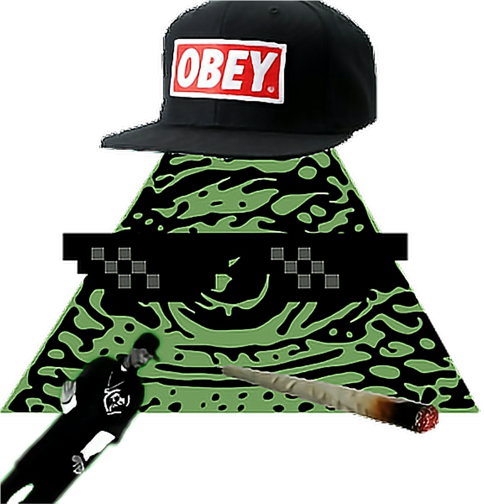 illuminati 桌布 壁紙 — 一個黑色 OBEY 帽子放在一個綠色抽象金字塔上，下面有一個冒煙的關節和一個黑色人物。