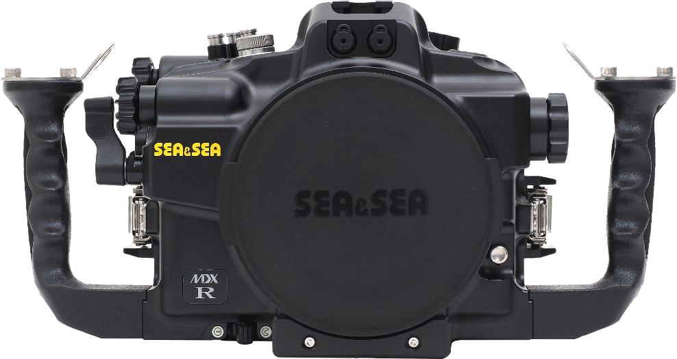 水下動畫 桌布 壁紙 — 一個黑色 Sea & Sea 水下相機外殼，帶有黃色品牌標識和符合人體工學的手柄，背景為白色。