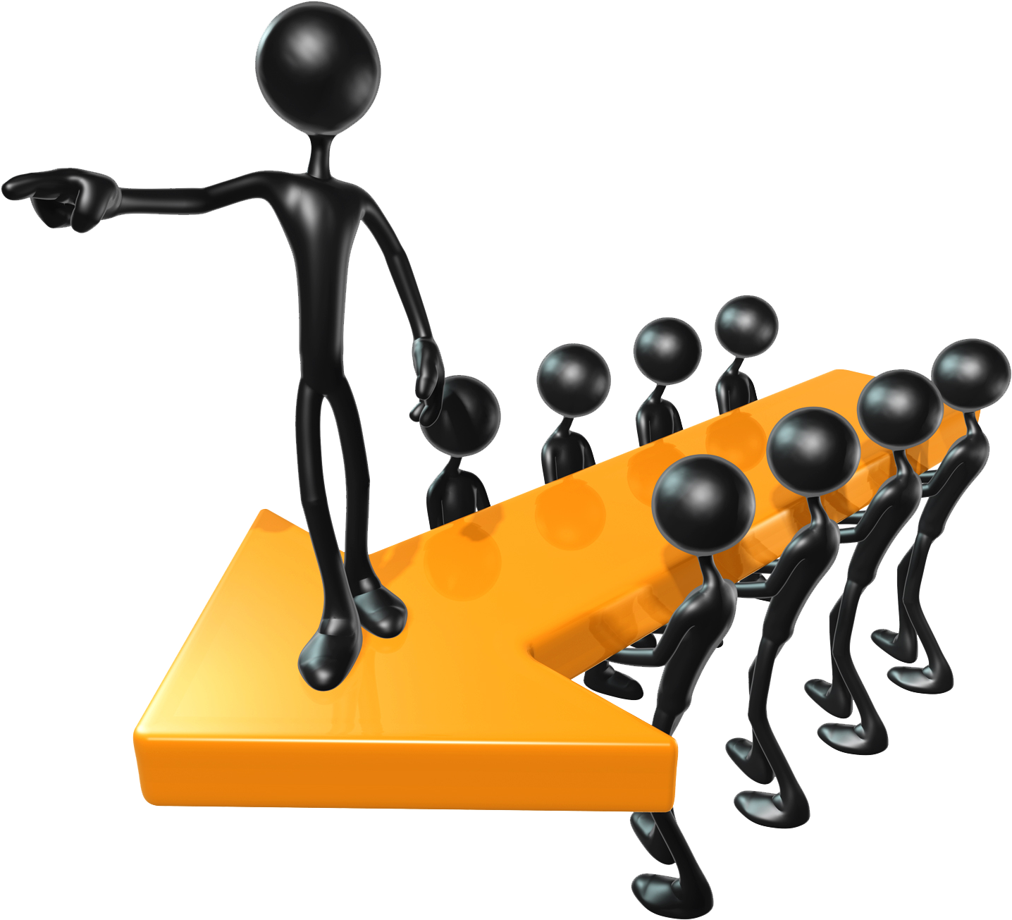 Teamwork 桌布 壁紙 — 一個黑色3D火柴人領袖站在一個指向前方的大型橙色箭頭上，引導一排追隨者沿著它的路徑前進。