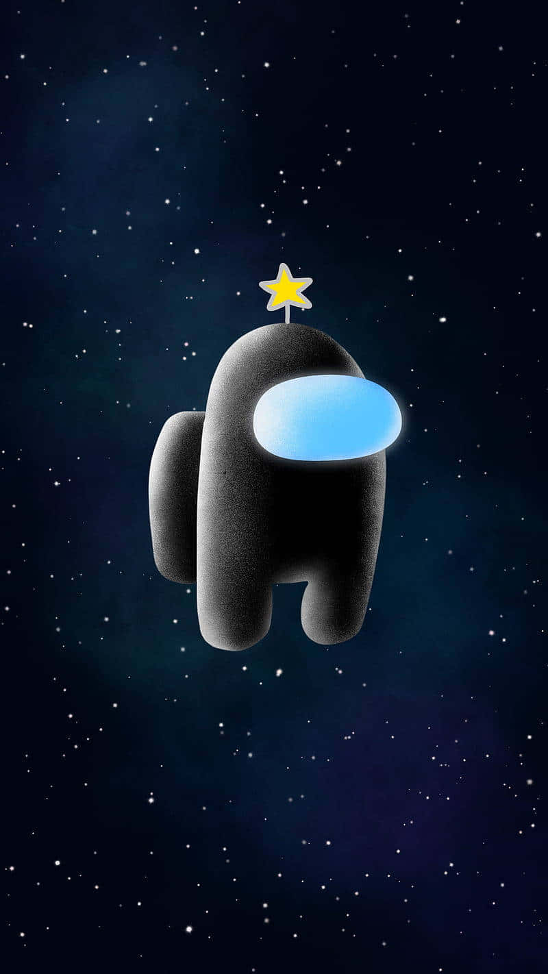 美學 在我們之間 桌布 壁紙 — 一個黑色Among Us角色在滿天星斗的夜空中平靜地漂浮，帶有發光的藍色面罩和頭上的黃色星星。