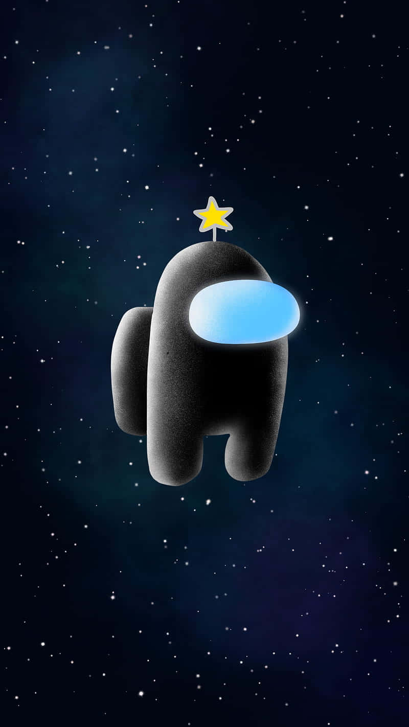 Among US Character 桌布 壁紙 — 一個黑色Among Us角色在滿天星斗的夜空中平靜地漂浮，帶有發光的藍色面罩和頭上的黃色星星。