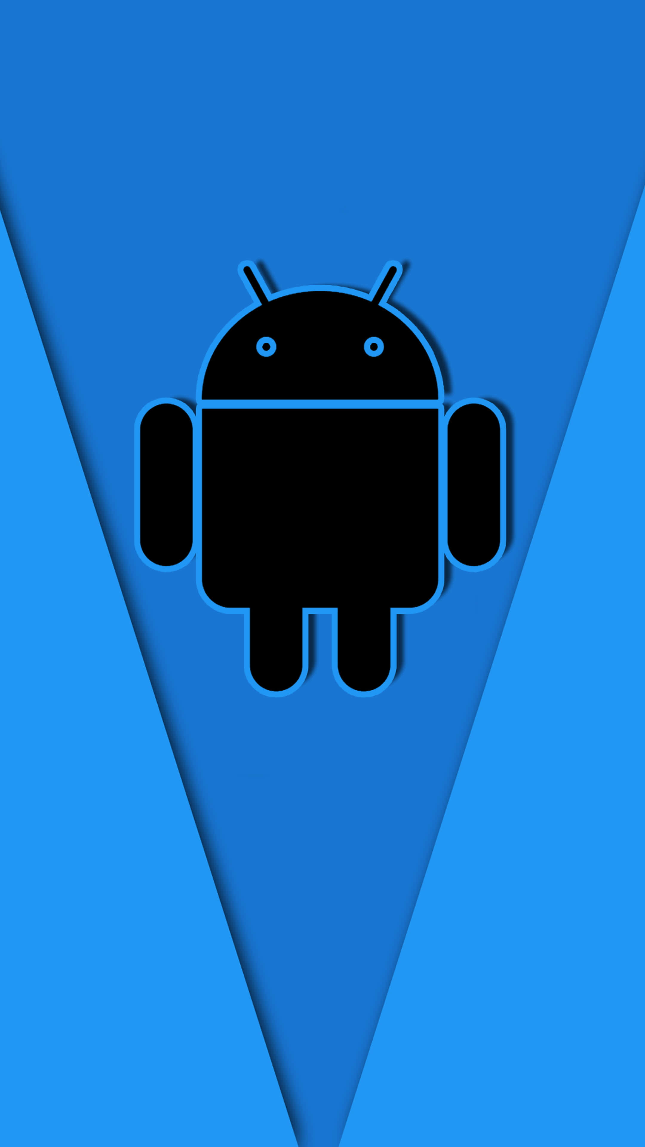 Android Material 桌布 壁紙 — 一個黑色Android機器人圖示，帶有藍色輪廓，居中放置在帶有幾何三角形形狀的漸變藍色背景上。