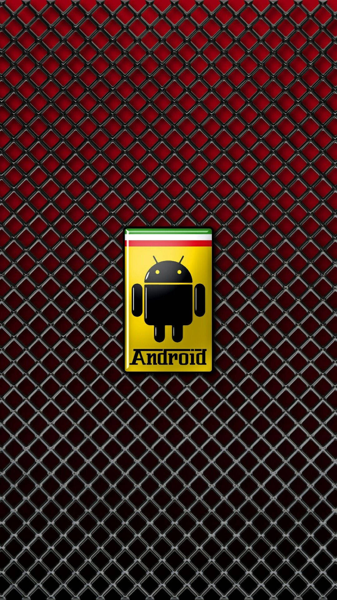 Android Developer 桌布 壁紙 — 一個黑色Android機器人標誌位於黃色橫幅上，橫幅帶有紅色、綠色和黑色條紋，並居中放置在深紅色金屬菱形板背景上。