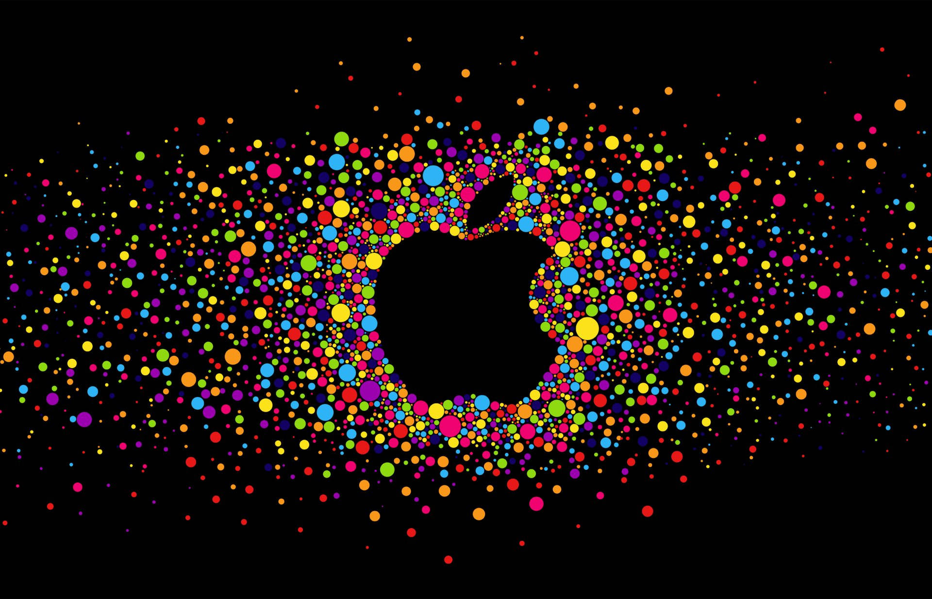 鮮豔多彩的點在黑色背景上形成一個Apple標誌。