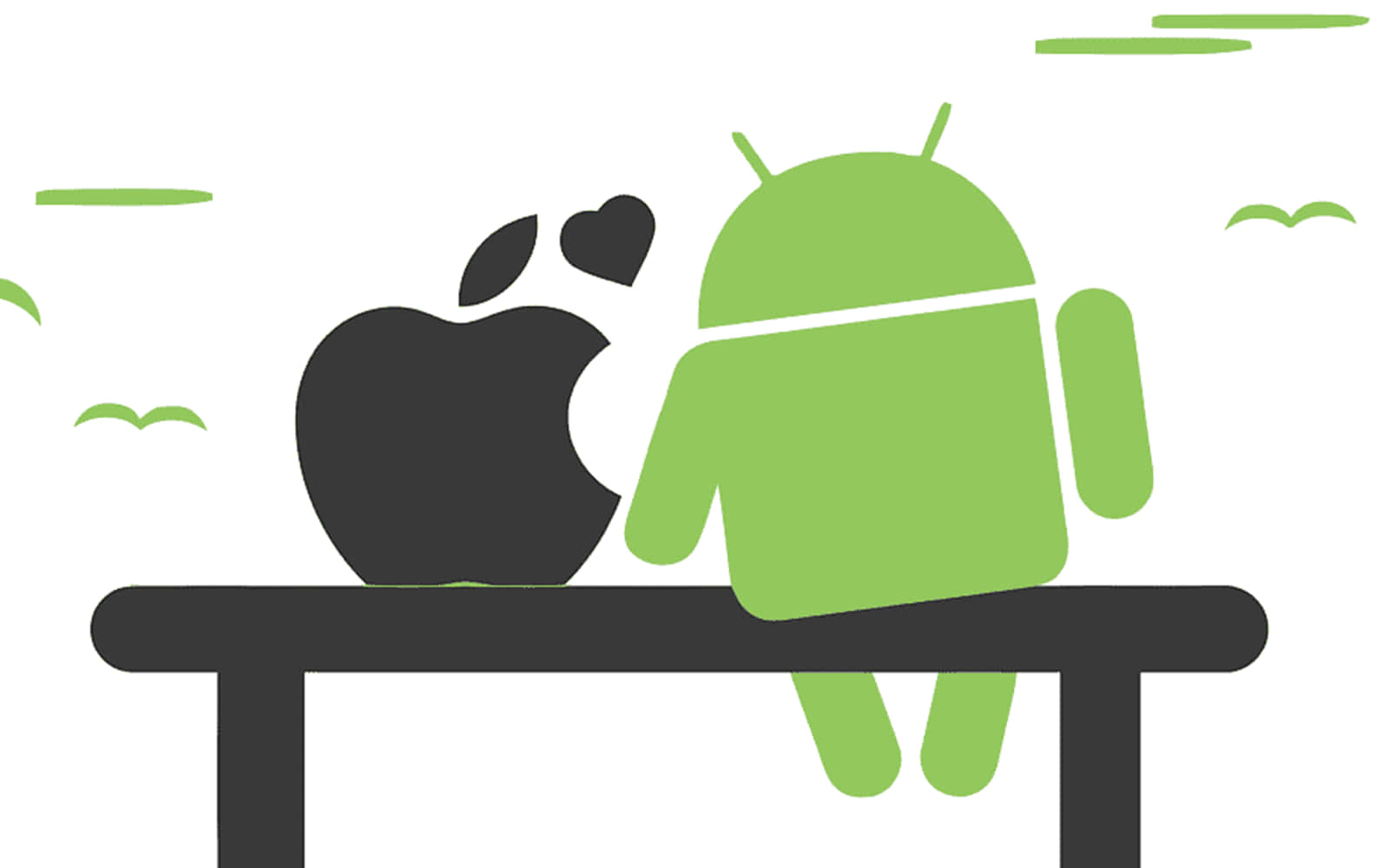 Apple Android 桌布 壁紙 — 一個黑色Apple標誌和一個綠色Android吉祥物並排坐在長凳上，中間有心形，頭頂有鳥兒飛過。