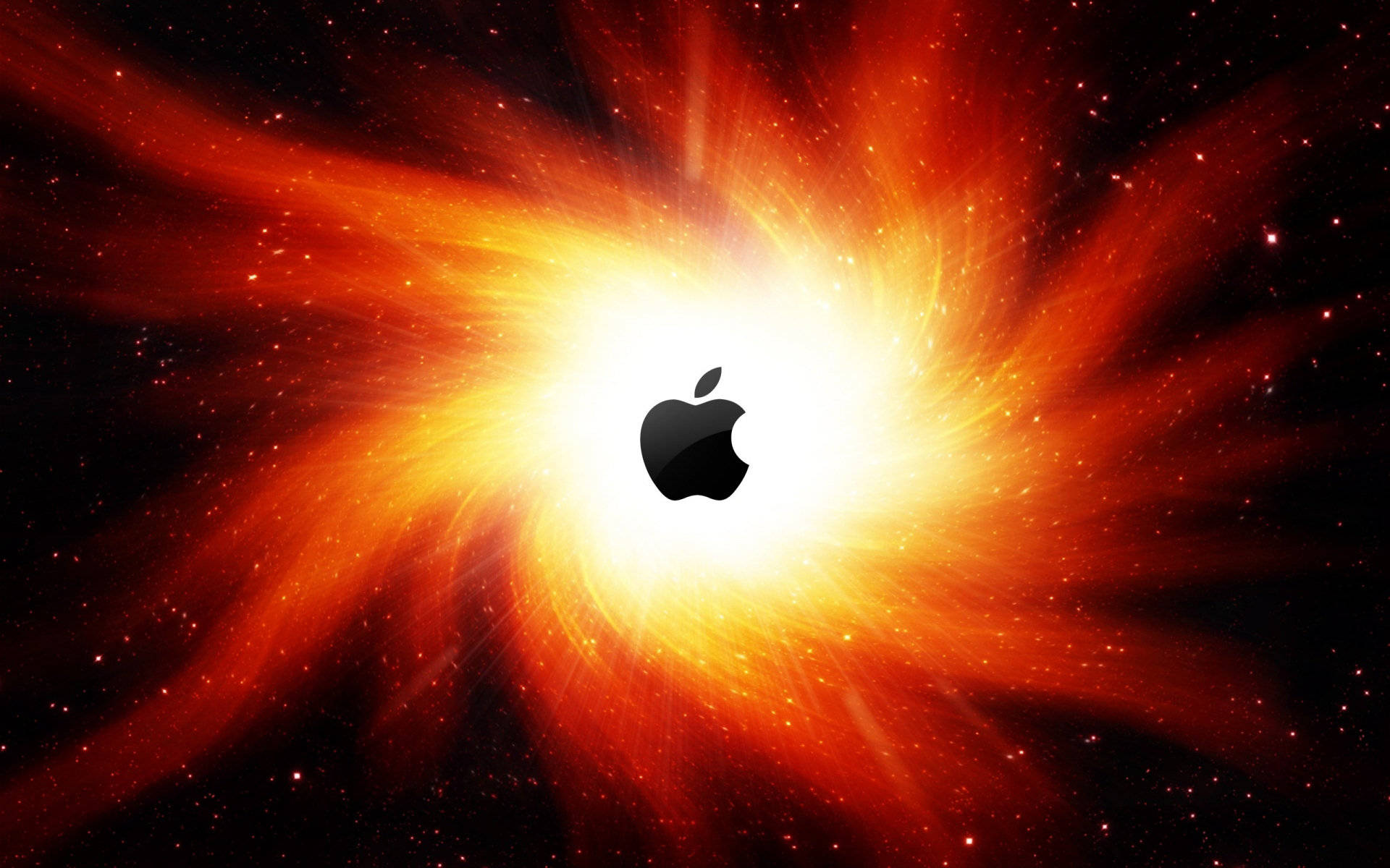 macOS 桌布 壁紙 — 一個黑色Apple標誌在星空宇宙背景下散發出熾熱的橙色和黃色能量。