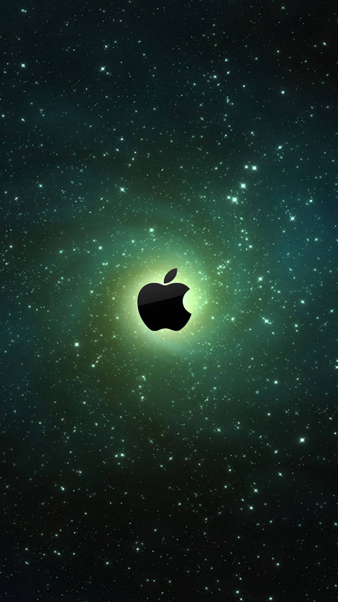 iPhone 桌布 壁紙 — 一個黑色Apple標誌在深空中閃爍，背景是充滿閃爍星星的藍綠色星雲。