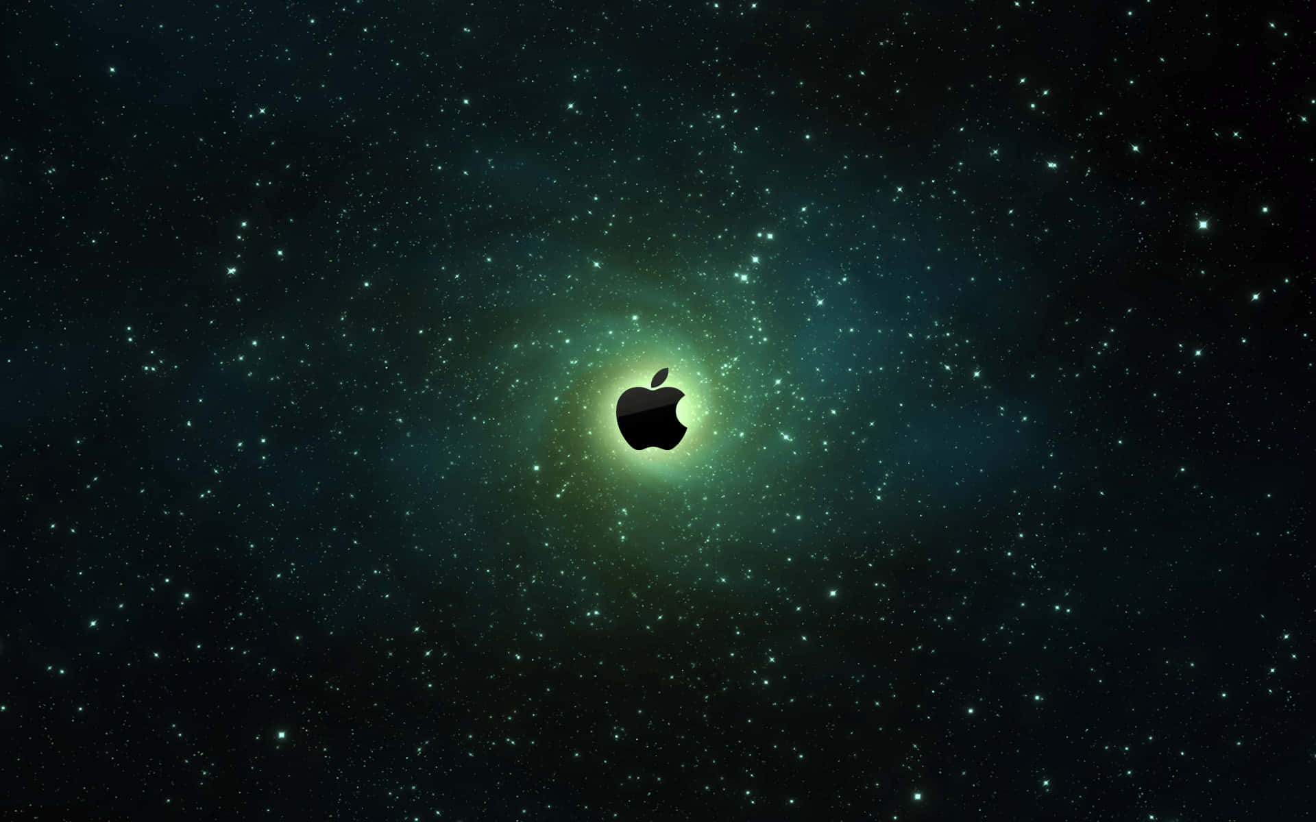 4K Apple 桌布 壁紙 — 一個黑色Apple標誌在深空中閃爍，背景是佈滿星星的藍綠色星雲。