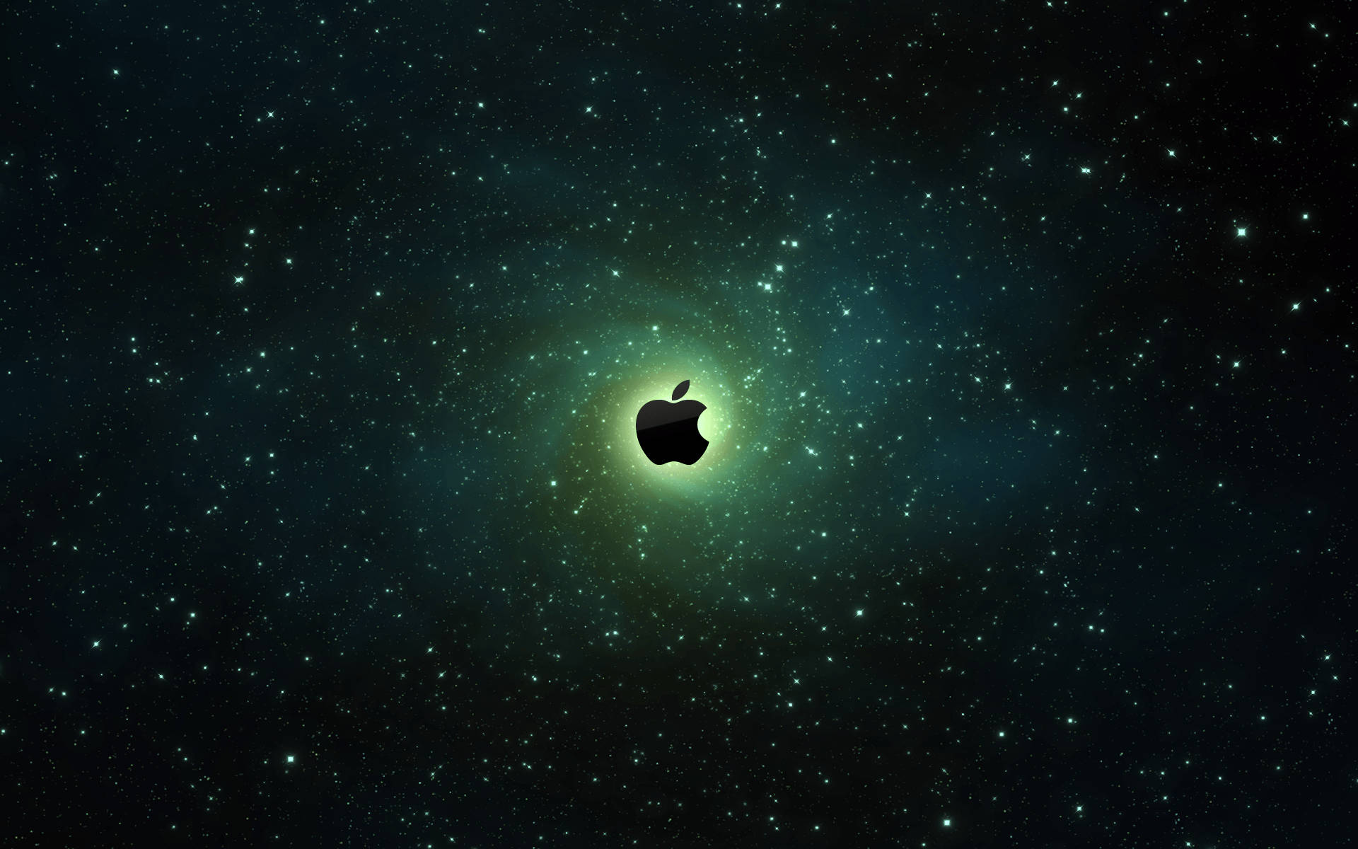 蘋果 桌布 壁紙 — 一個黑色Apple標誌在繁星點點的宇宙背景中發光，帶有藍綠色星雲。