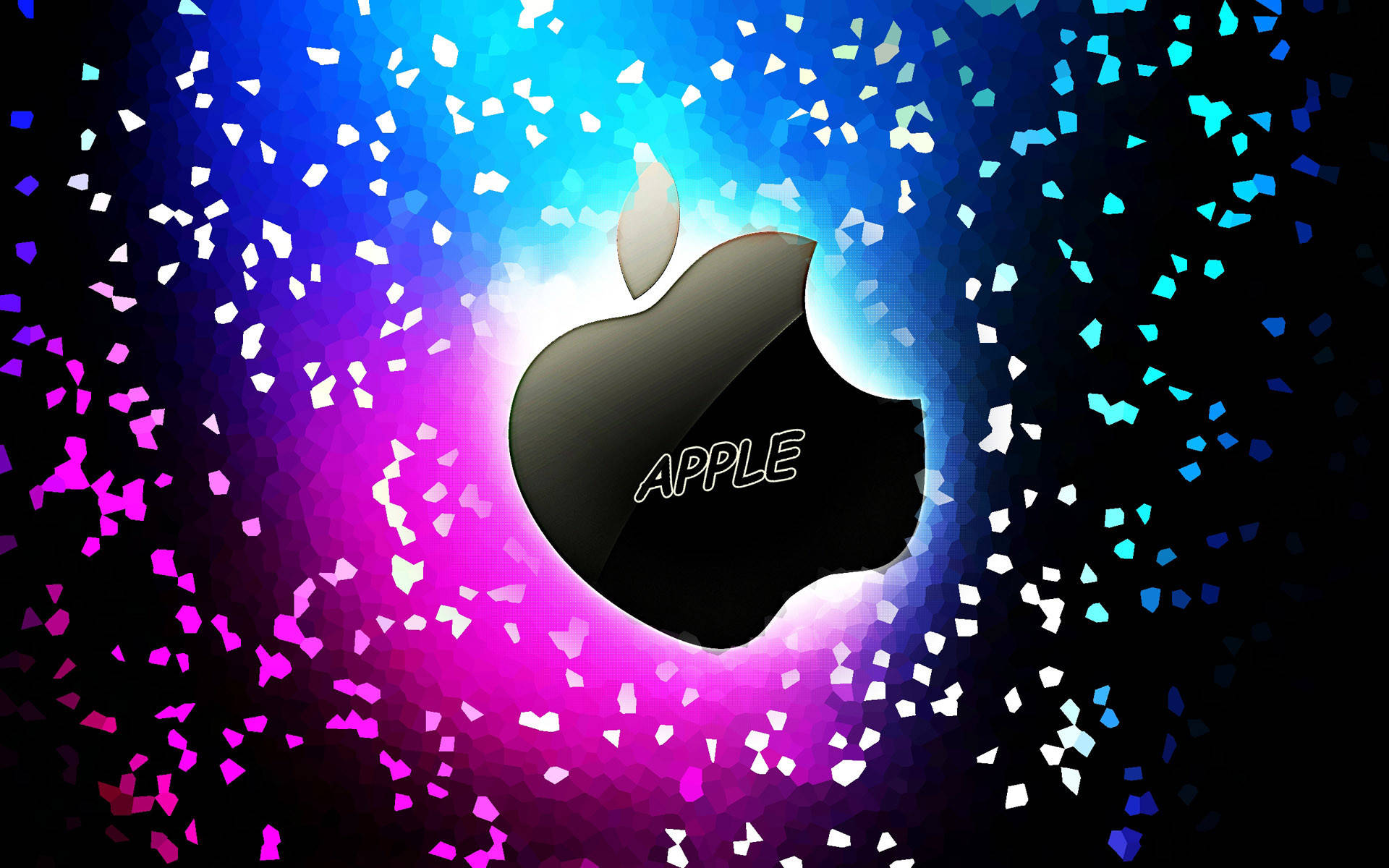 Name 桌布 壁紙 — 一個黑色Apple標誌在藍色和紫色的鮮豔漸變背景上發光，並有五彩紙屑飄落。