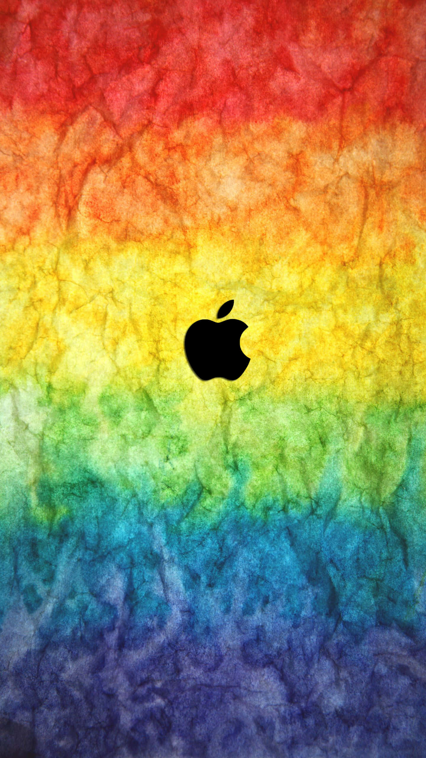 彩虹 桌布 壁紙 — 一個黑色Apple標誌居中於充滿活力的彩虹水彩背景上，帶有紋理紙張效果。