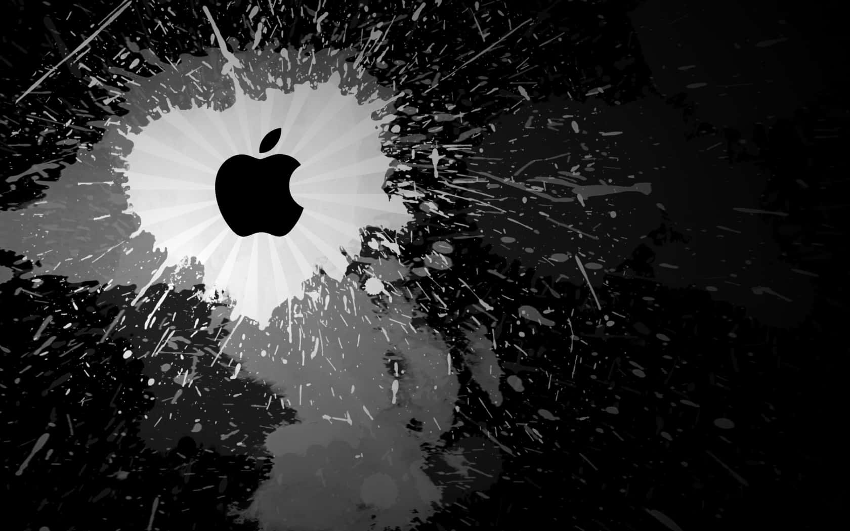 Black Macbook 桌布 壁紙 — 一個黑色Apple標誌從中央爆發射出明亮的白色光線，背景是粗糙的深色背景，帶有飛濺墨水效果。
