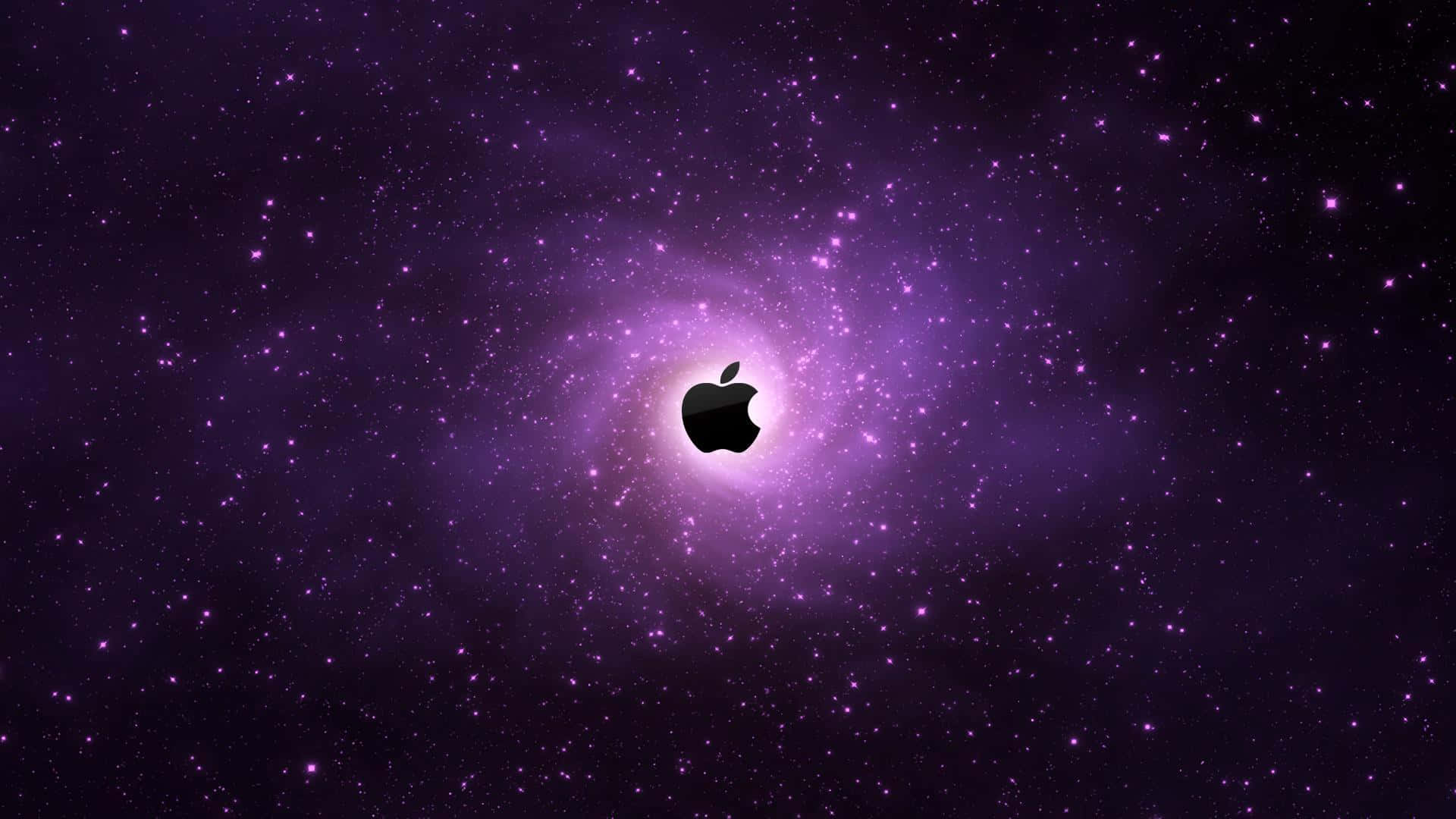 1920x1080 Apple 桌布 壁紙 — 一個黑色Apple標誌置中於充滿閃爍星星的鮮豔紫色宇宙星雲中。