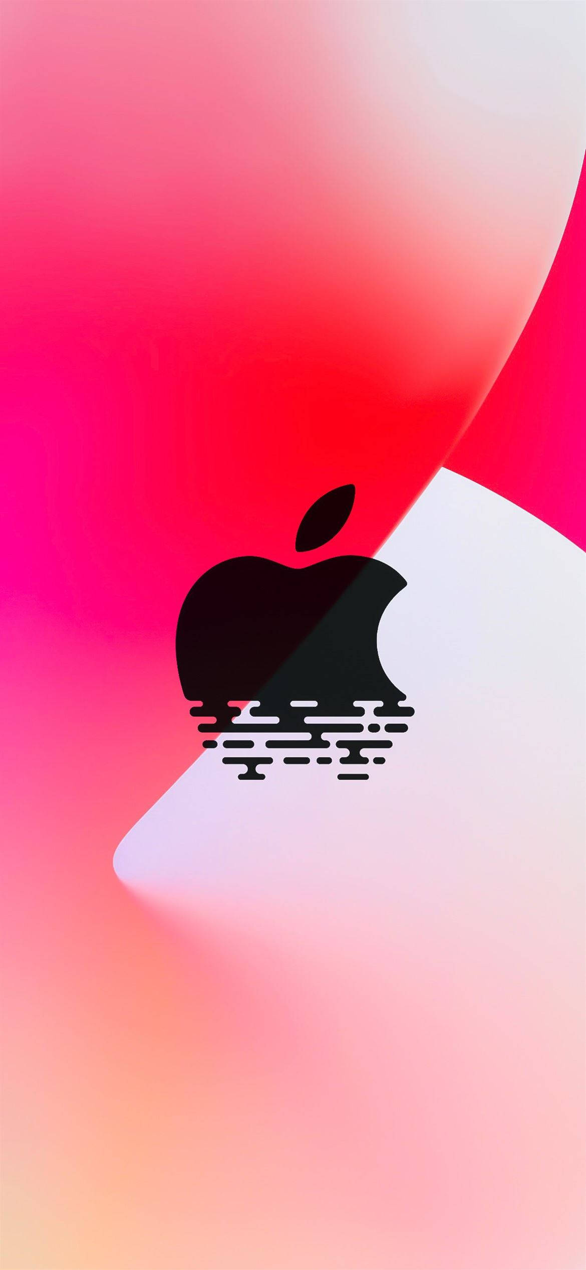 iPhone 12 桌布 壁紙 — 一個黑色Apple標誌部分浸沒在風格化的水中，背景是充滿活力的粉紅和白色漸層。