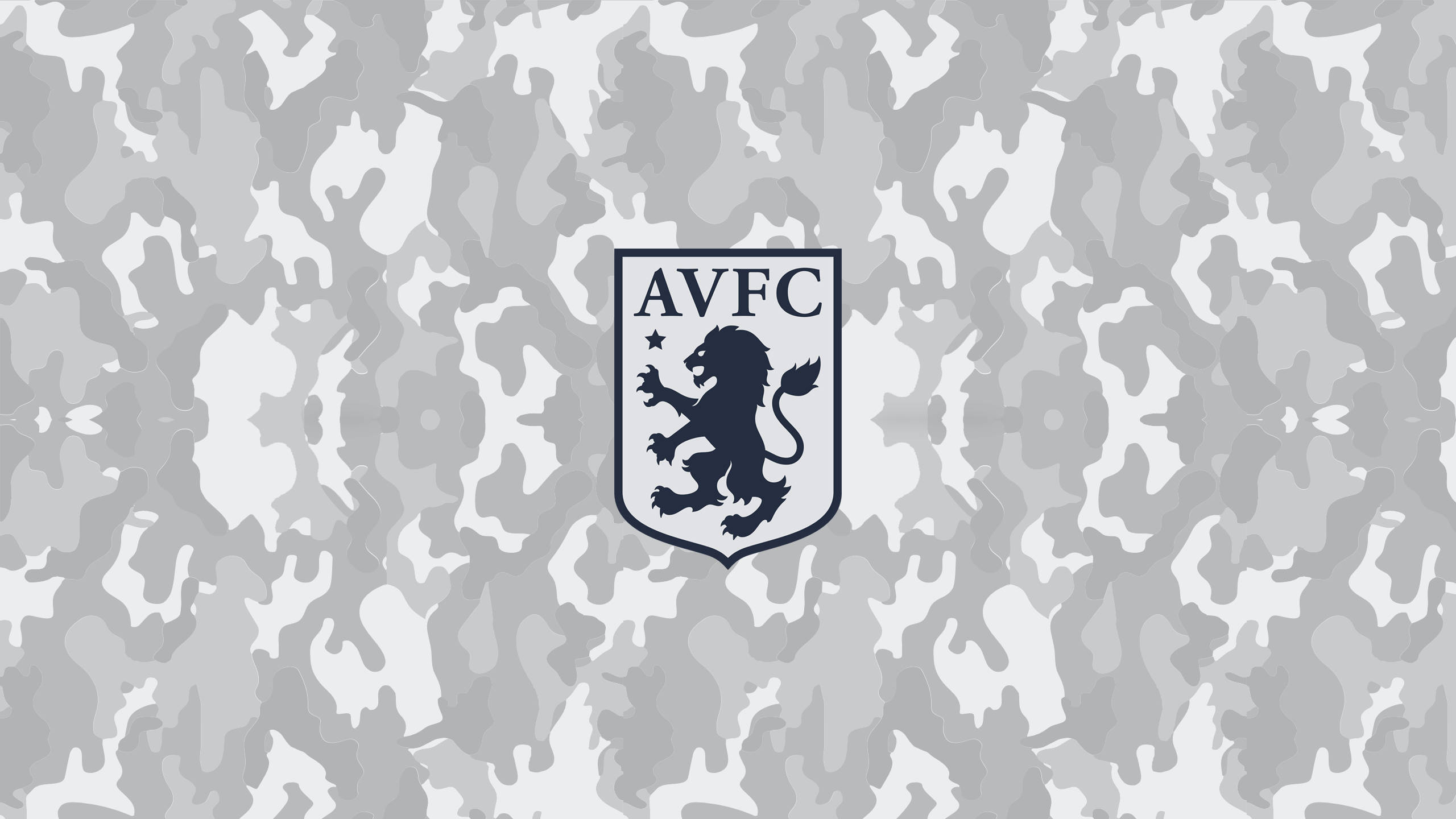 Villa 桌布 壁紙 — 一個黑色AVFC獅子徽章，居中放在灰色和白色迷彩圖案背景上。