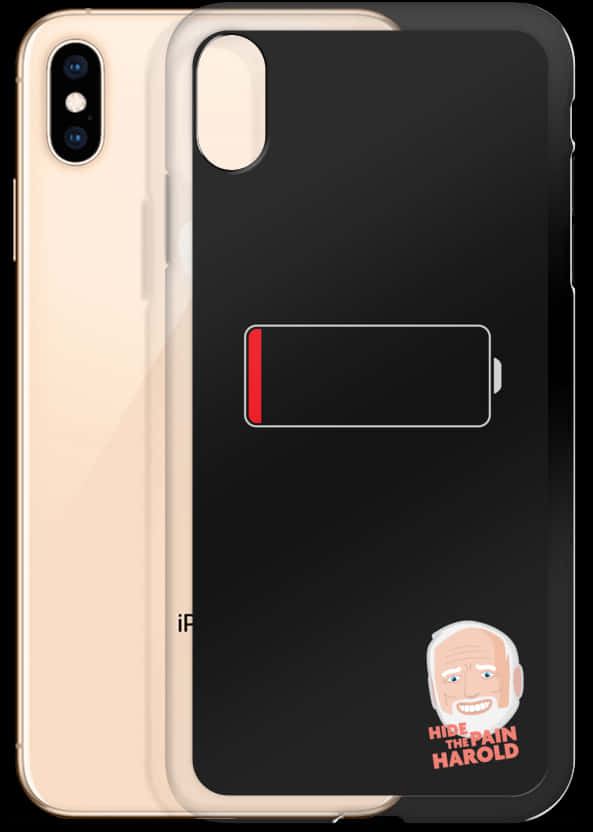 疼痛 桌布 壁紙 — 一個黑色iPhone手機殼，上面有低電量圖標和一個卡通臉說hide the pain harold。