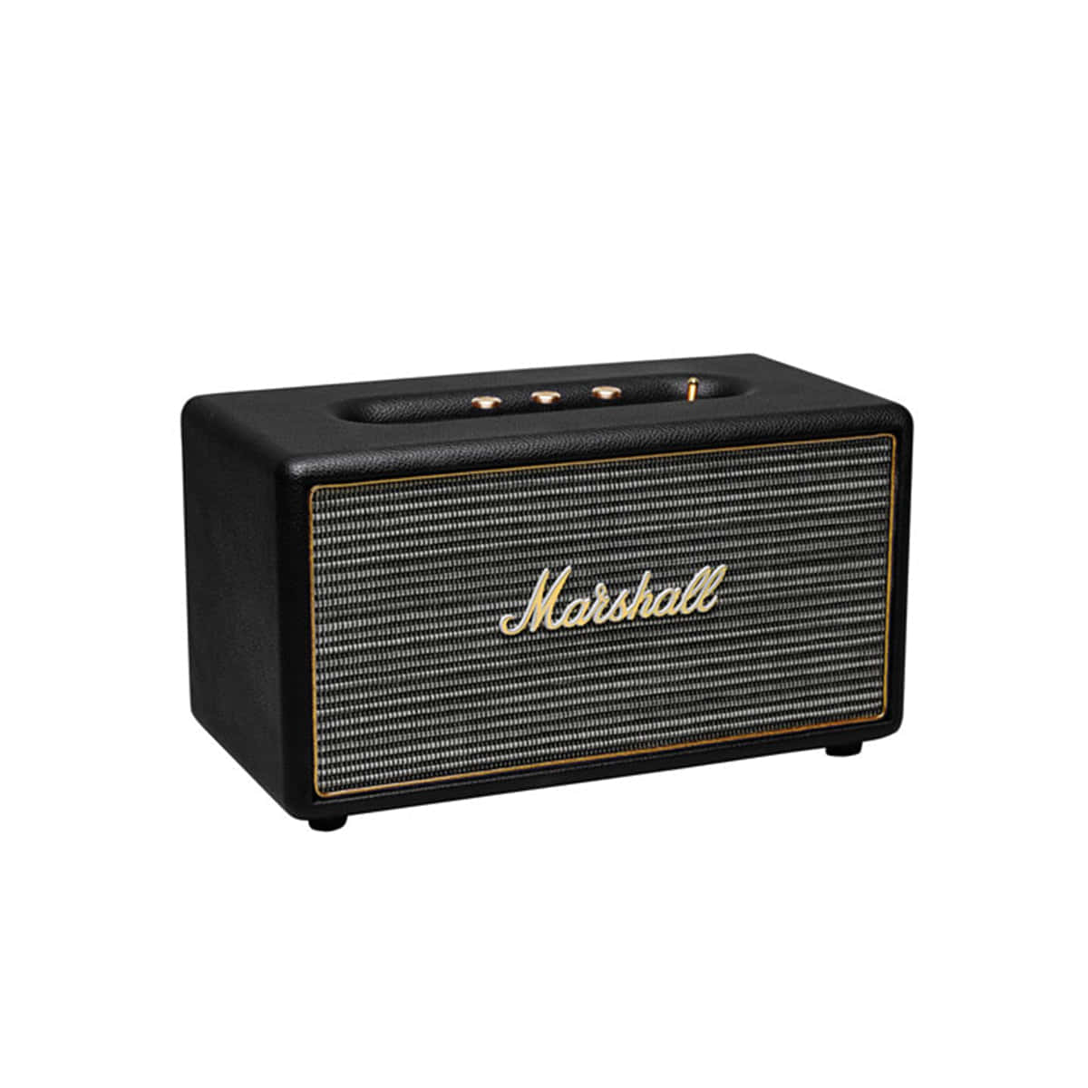 Marshall 桌布 壁紙 — 一個黑色Marshall藍牙喇叭，帶有金色邊框和網格，放在乾淨的白色背景上。