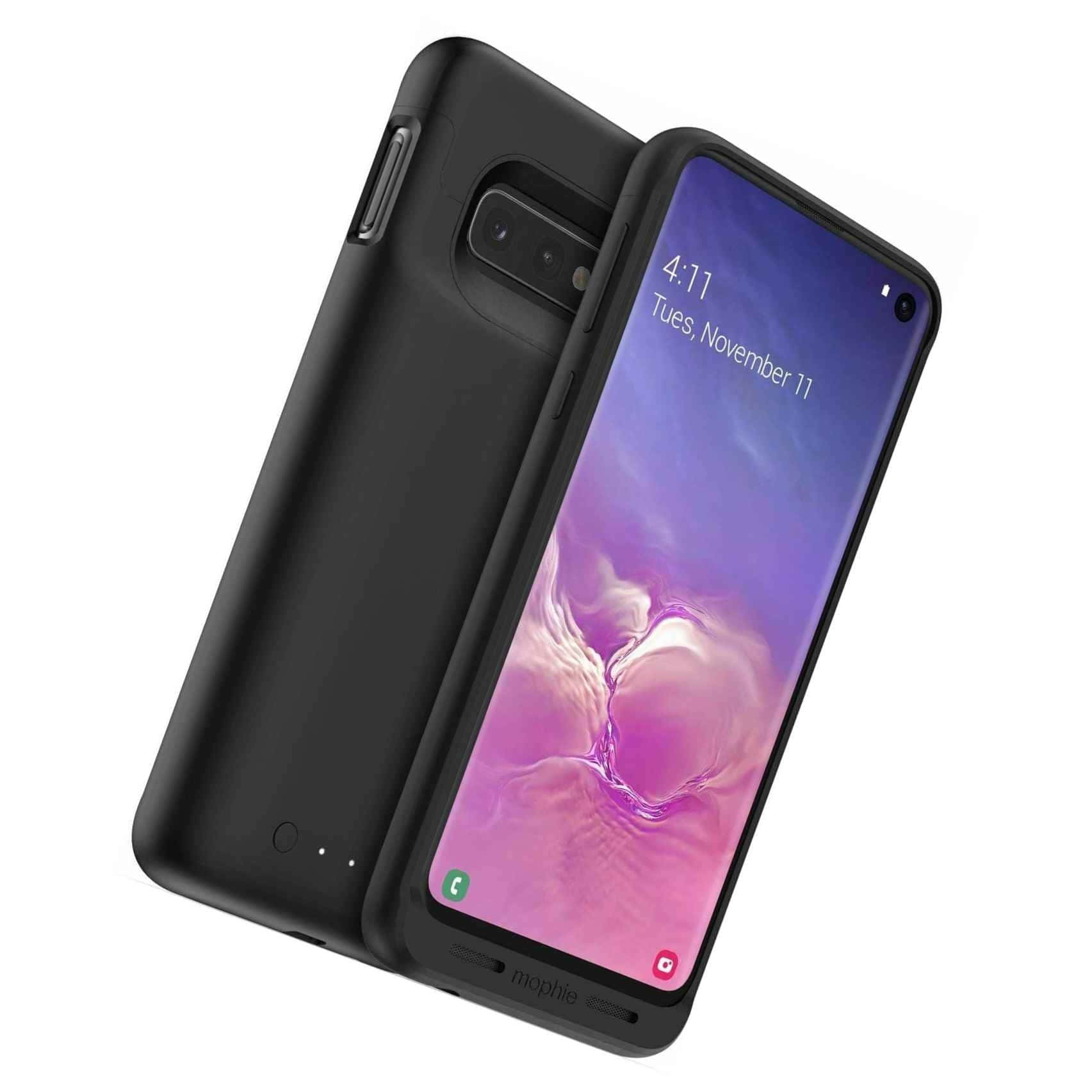 Galaxy S10 桌布 壁紙 — 一個黑色Mophie便攜式電池保護殼，顯示附著在智慧型手機上，手機顯示紫色粉紅色抽象桌布。