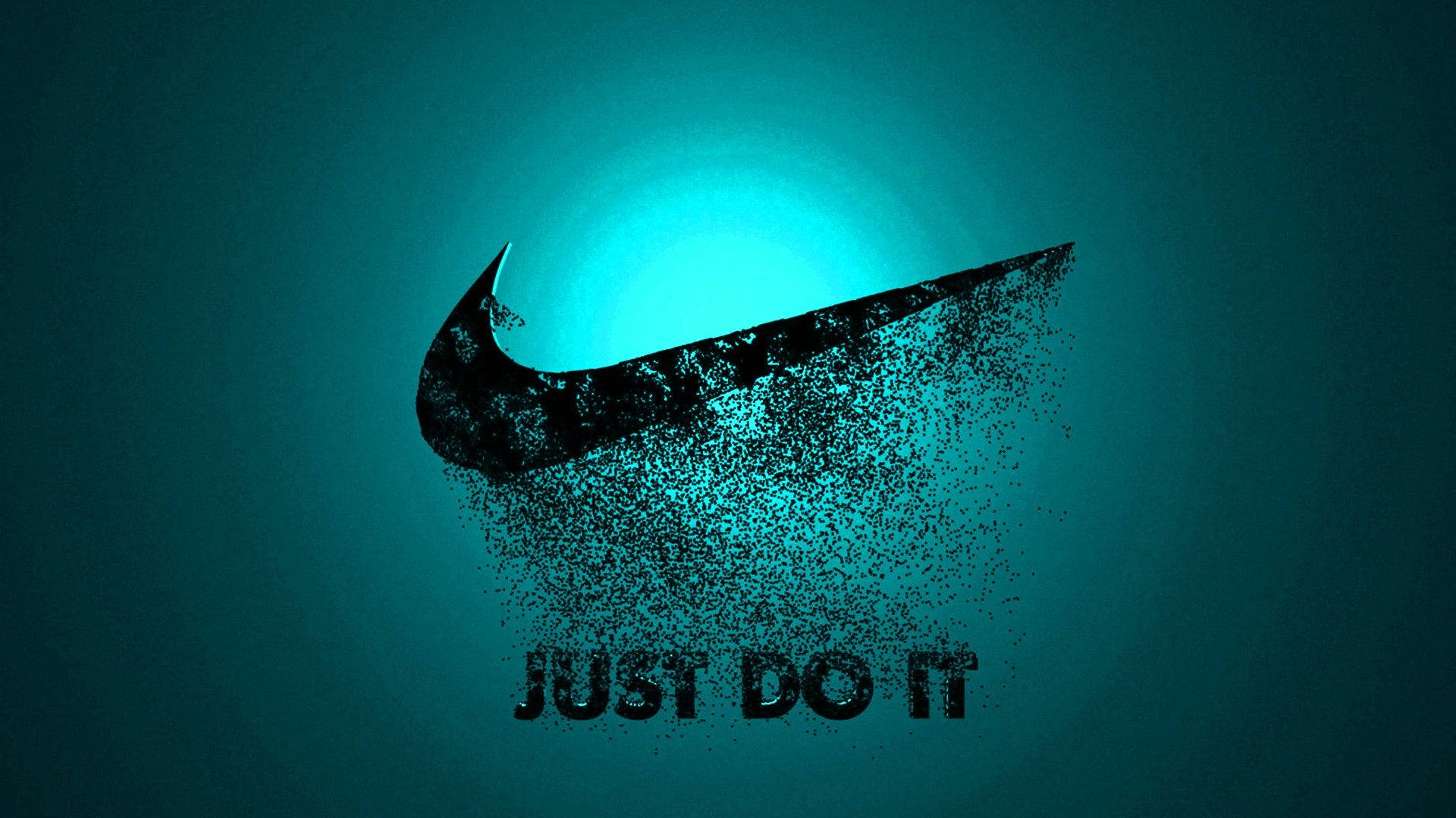 Nike勾勾碎裂成粒子，在青綠色背景上帶有'JUST DO IT'文字。 — Valorant Logo 壁紙