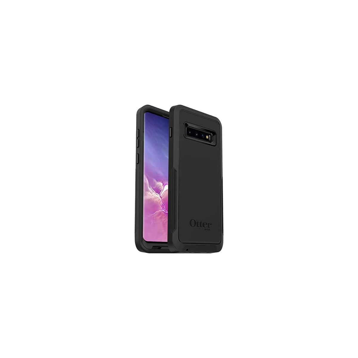 Galaxy S10 桌布 壁紙 — 一個黑色OtterBox手機殼以傾斜角度展示，螢幕上可見紫色和粉紅色的抽象桌布。