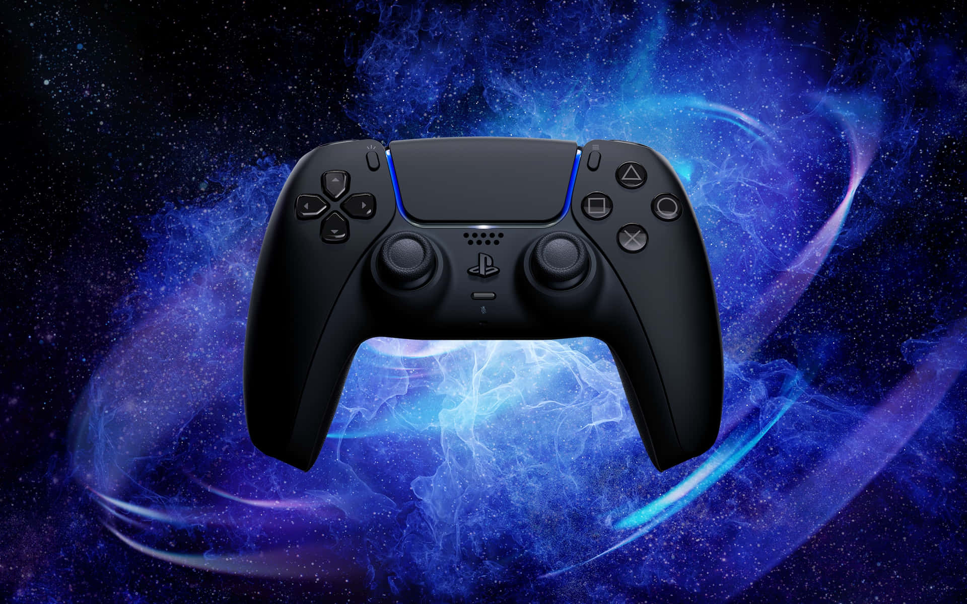 黑色PlayStation 5控制器被宇宙藍紫色能量漩渦包圍。 — Ps4 壁紙
