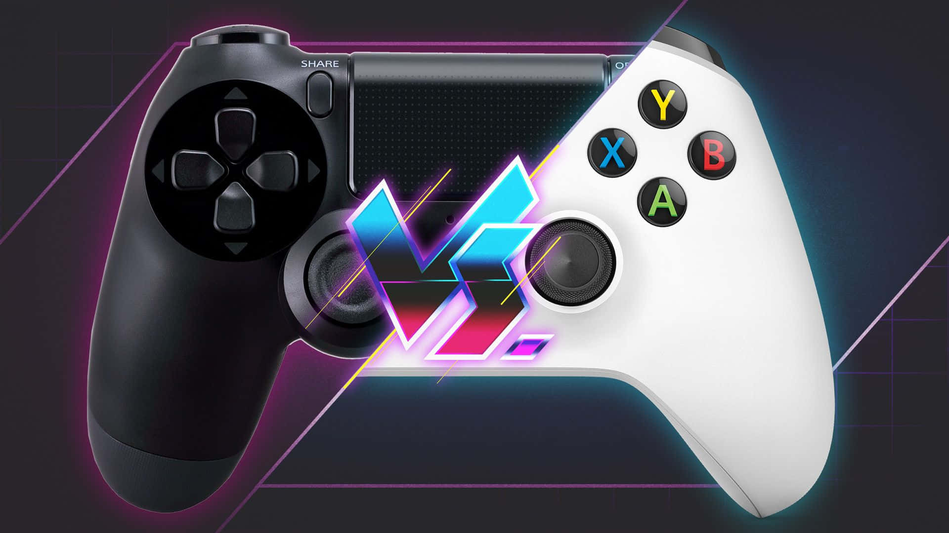黑色PlayStation手把對白色Xbox手把，附霓虹VS圖案。 — Ps4 壁紙