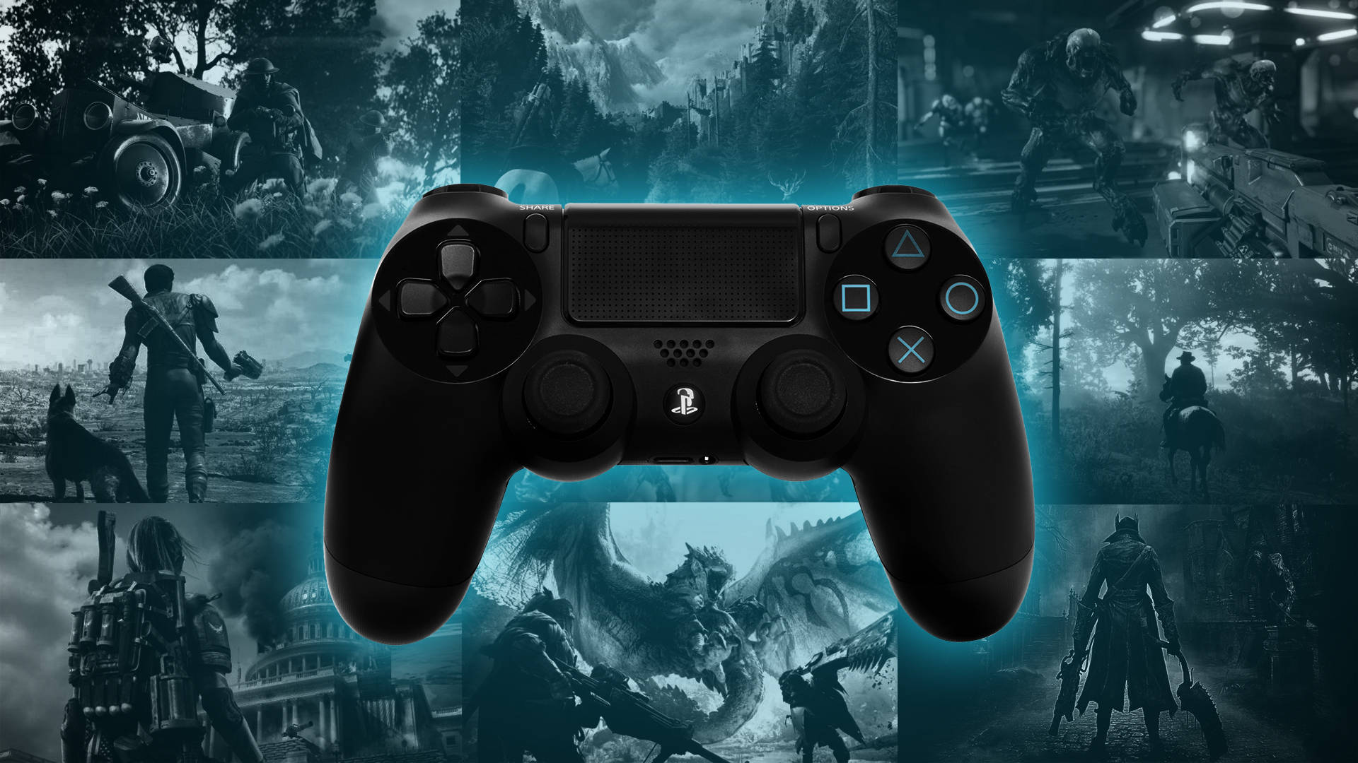 PlayStation 桌布 壁紙 — 一個黑色PlayStation控制器發出藍光，置於黑暗奇幻和動作遊戲場景的拼貼畫中央。