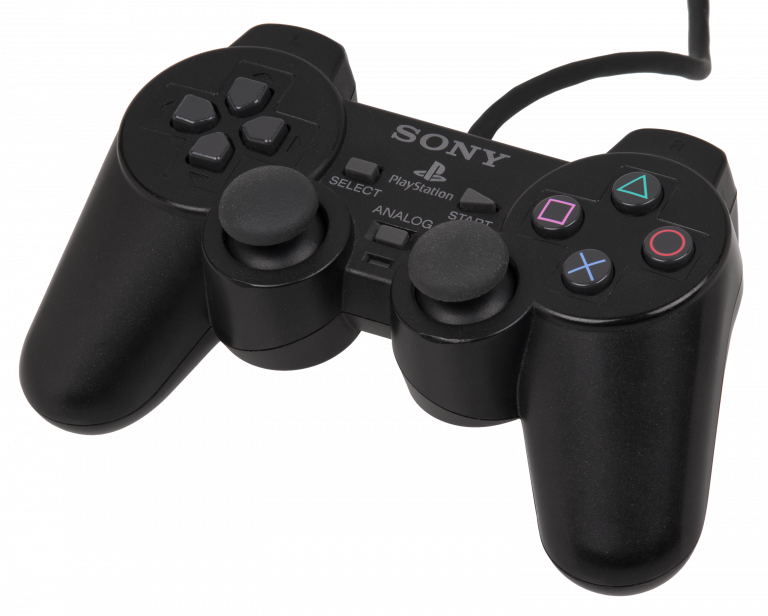 PlayStation 桌布 壁紙 — 一個黑色Sony PlayStation 2控制器，帶有彩色面部按鈕和類比搖桿，背景透明。