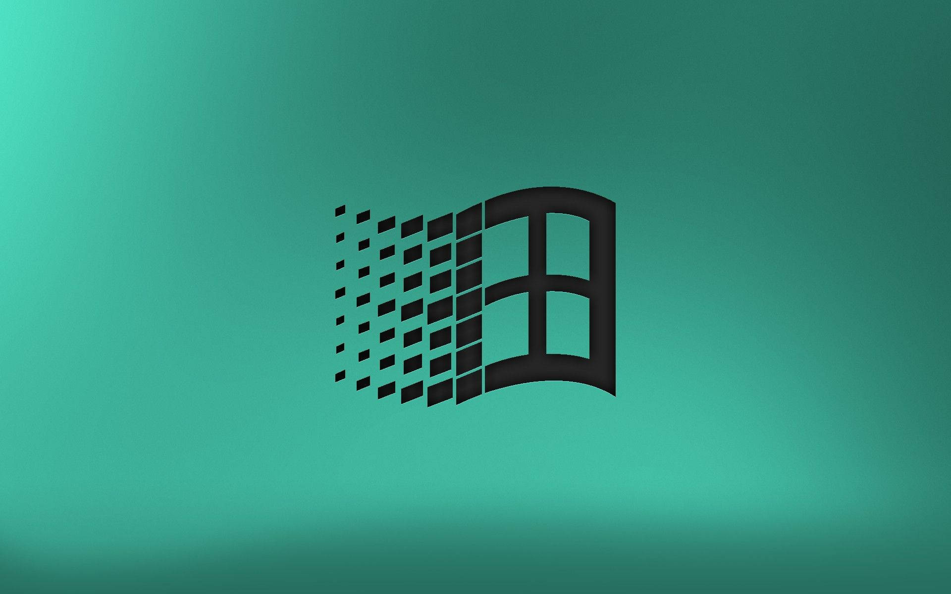Windows 95 動態圖 桌布 壁紙 — 一個黑色Windows標誌，帶有像素化動態效果，居中於青綠色漸變背景上。