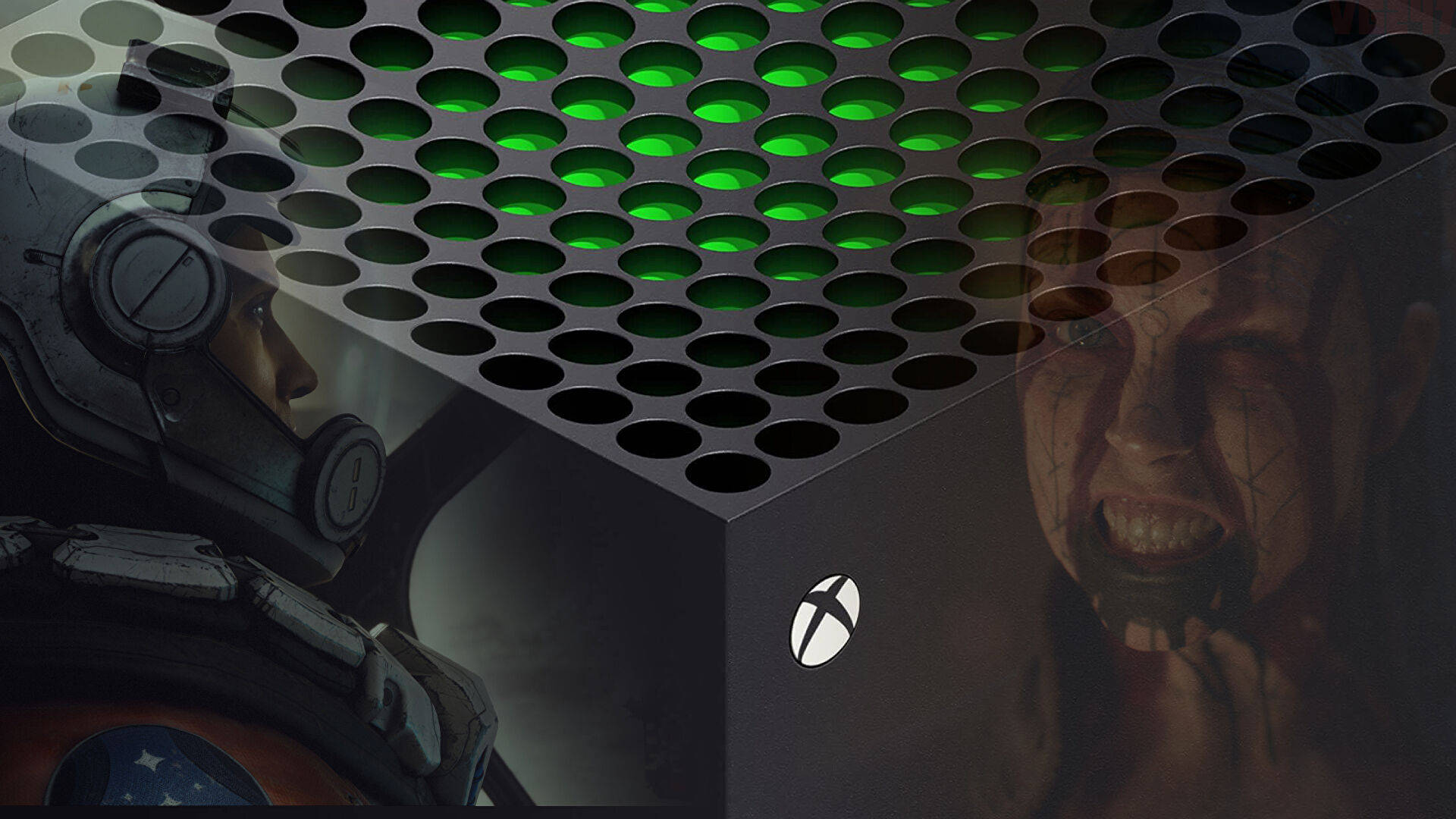 電玩遊戲 桌布 壁紙 — 一個黑色Xbox主機，帶有發光的綠色通風口，由戴頭盔的士兵和尖叫的恐怖面孔框住。