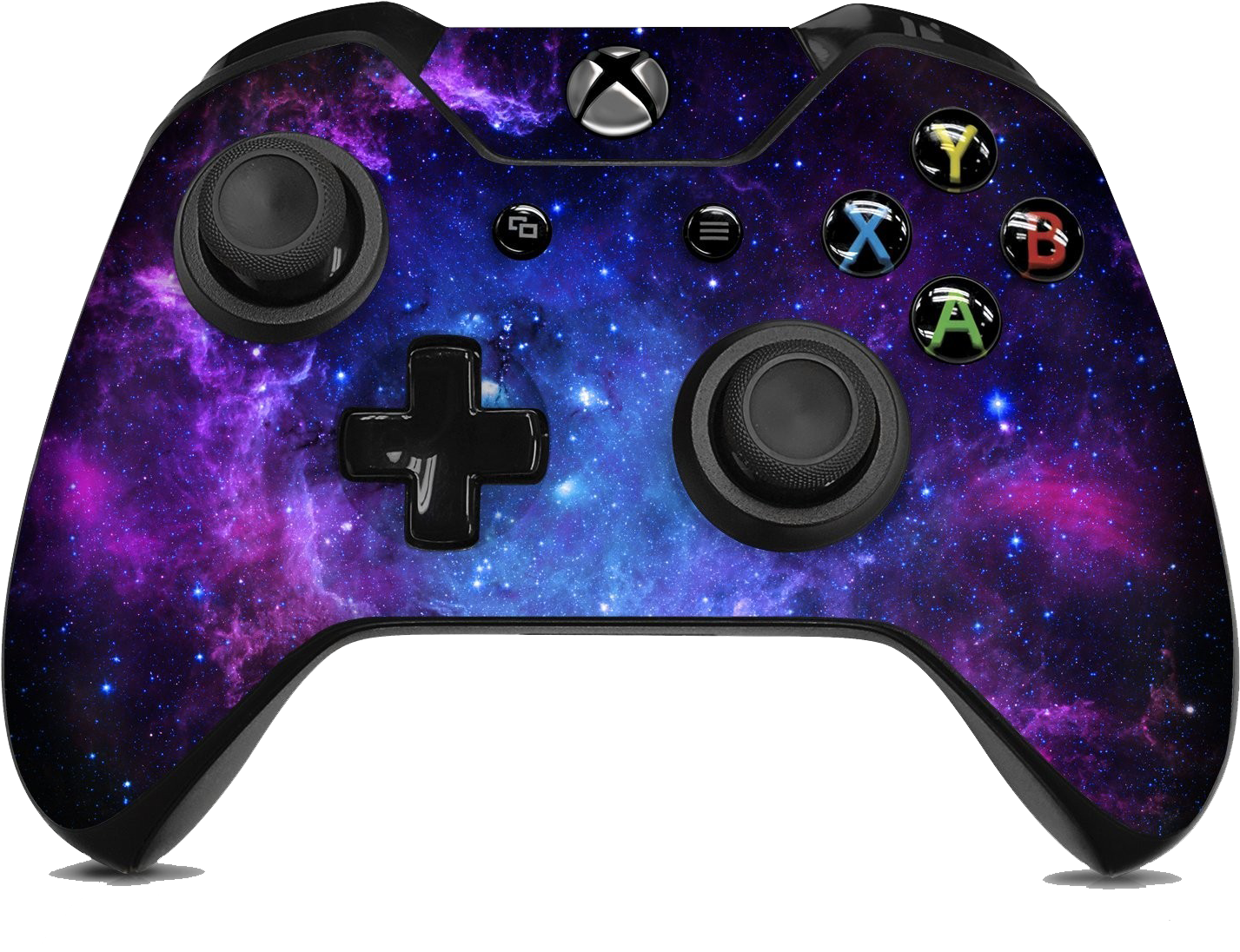 Xbox 桌布 壁紙 — 一個黑色Xbox手把，飾有充滿活力的紫色和藍色宇宙星雲銀河設計。