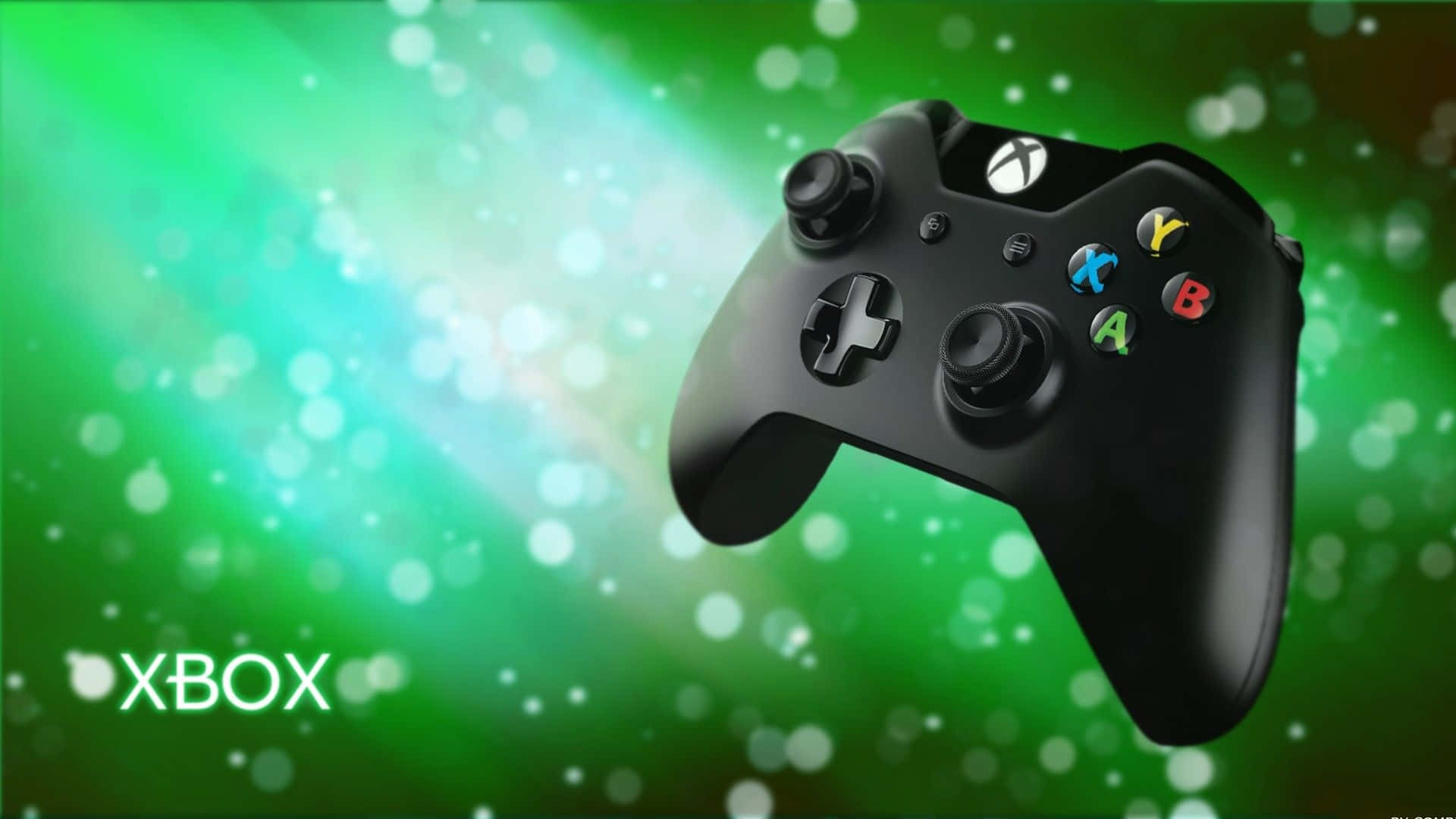 Xbox 桌布 壁紙 — 一個黑色Xbox手把漂浮在充滿活力的綠色散景背景上，帶有發光的光條。