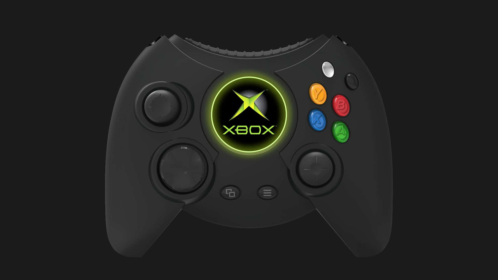 桌布 壁紙 — 一個黑色Xbox控制器，帶有發光的綠色標誌和彩色按鈕，背景為深色。