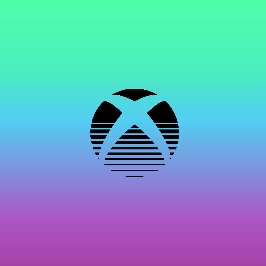 Retro 桌布 壁紙 — 一個黑色Xbox標誌，帶有水平條紋，居中在從青綠色到紫色的鮮豔漸變背景上。