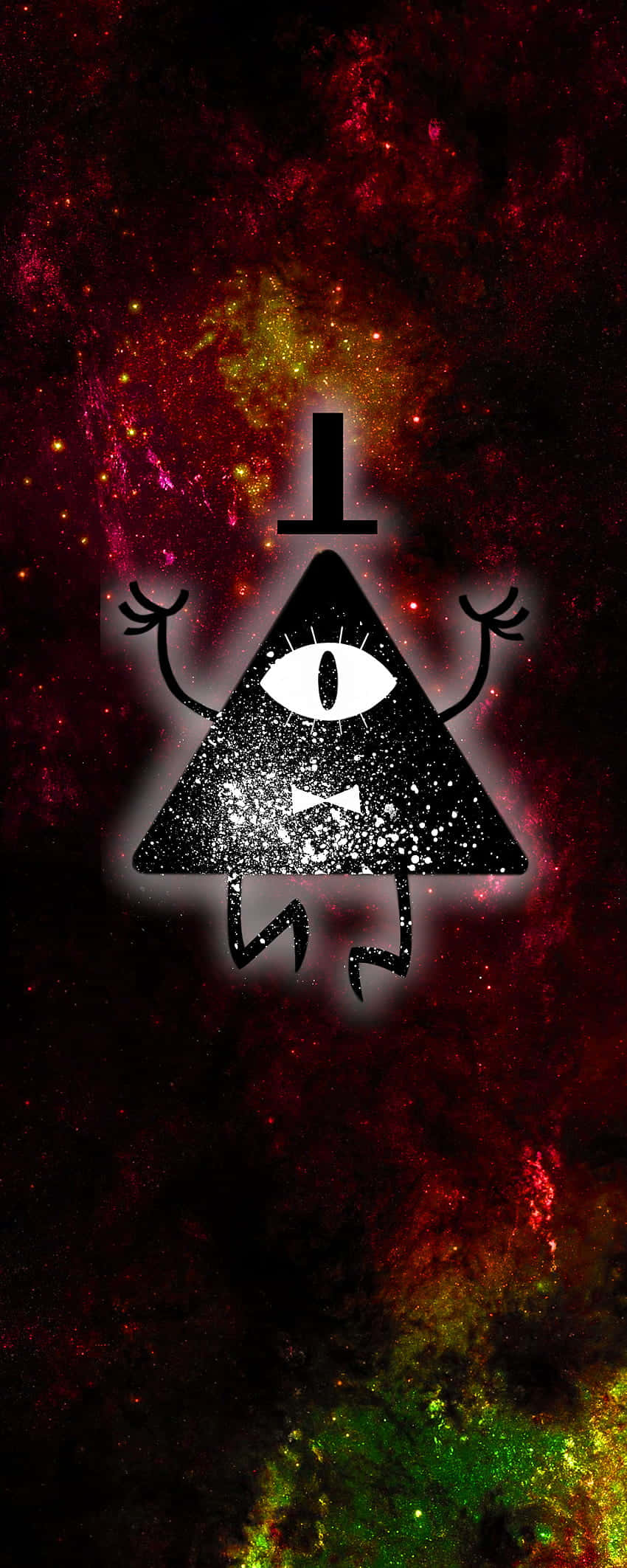 Bill Cipher 桌布 壁紙 — 一個黑色三角形，有一隻眼睛和四肢，漂浮在充滿活力的紅、綠、黃色宇宙星雲中。